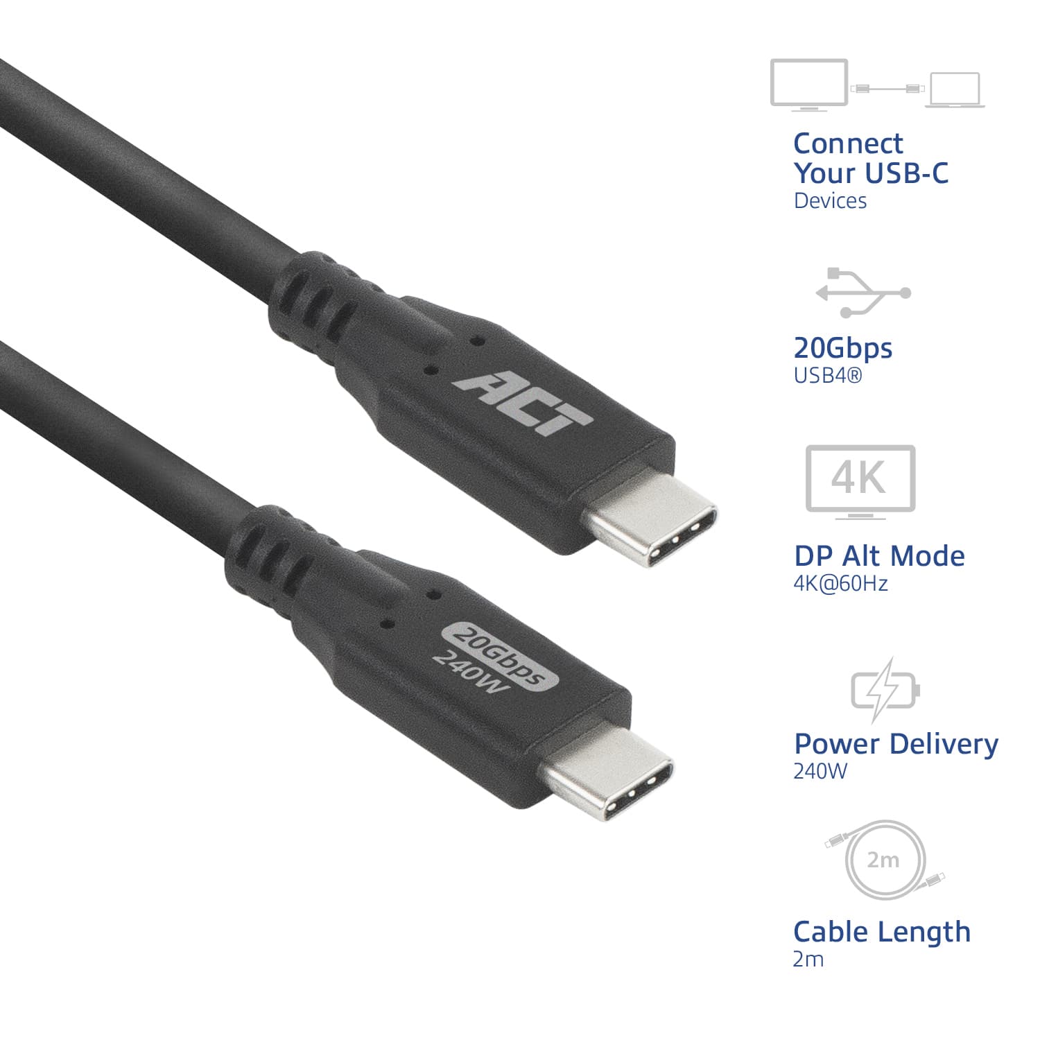 Kabel ACT USB-C 4.0 20Gbps 2m 2