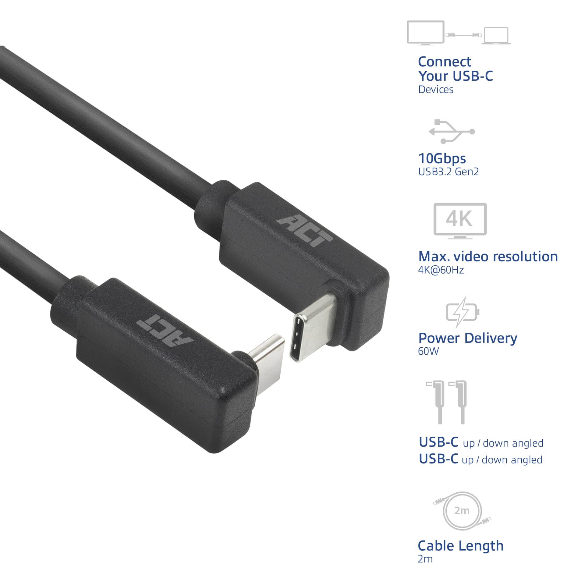 Kabel ACT USB-C hoek boven/beneden 10Gbps 2m 2