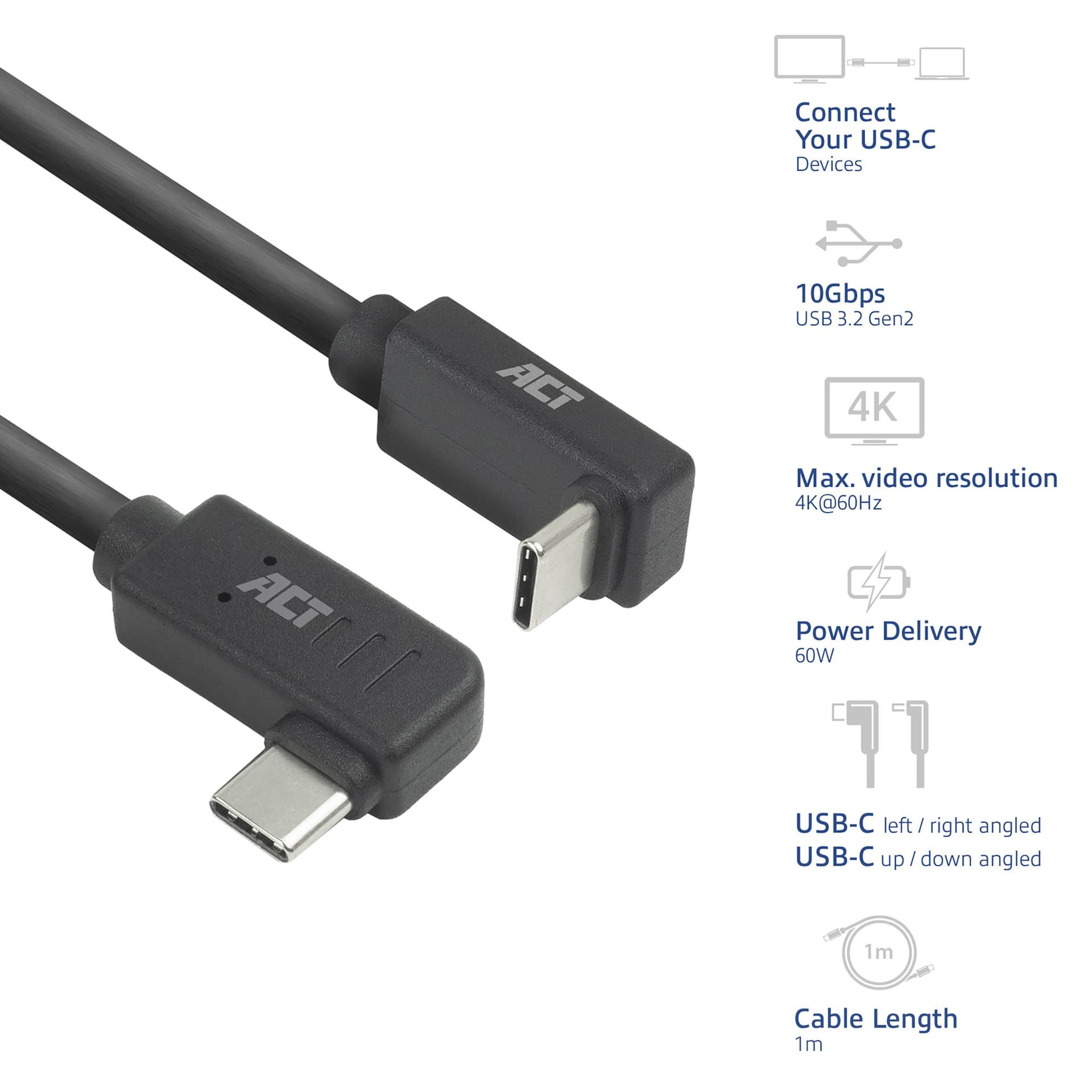 Kabel ACT USB-C hoek links/rechts USB-C hoek boven/beneden 10Gbps 1m 2
