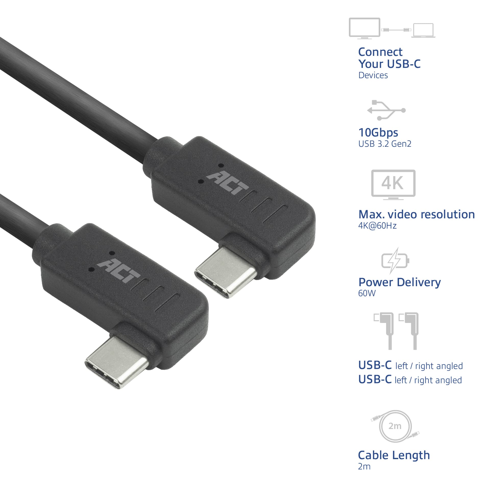 Kabel ACT USB-C hoek links/rechts 10Gbps 2m 2