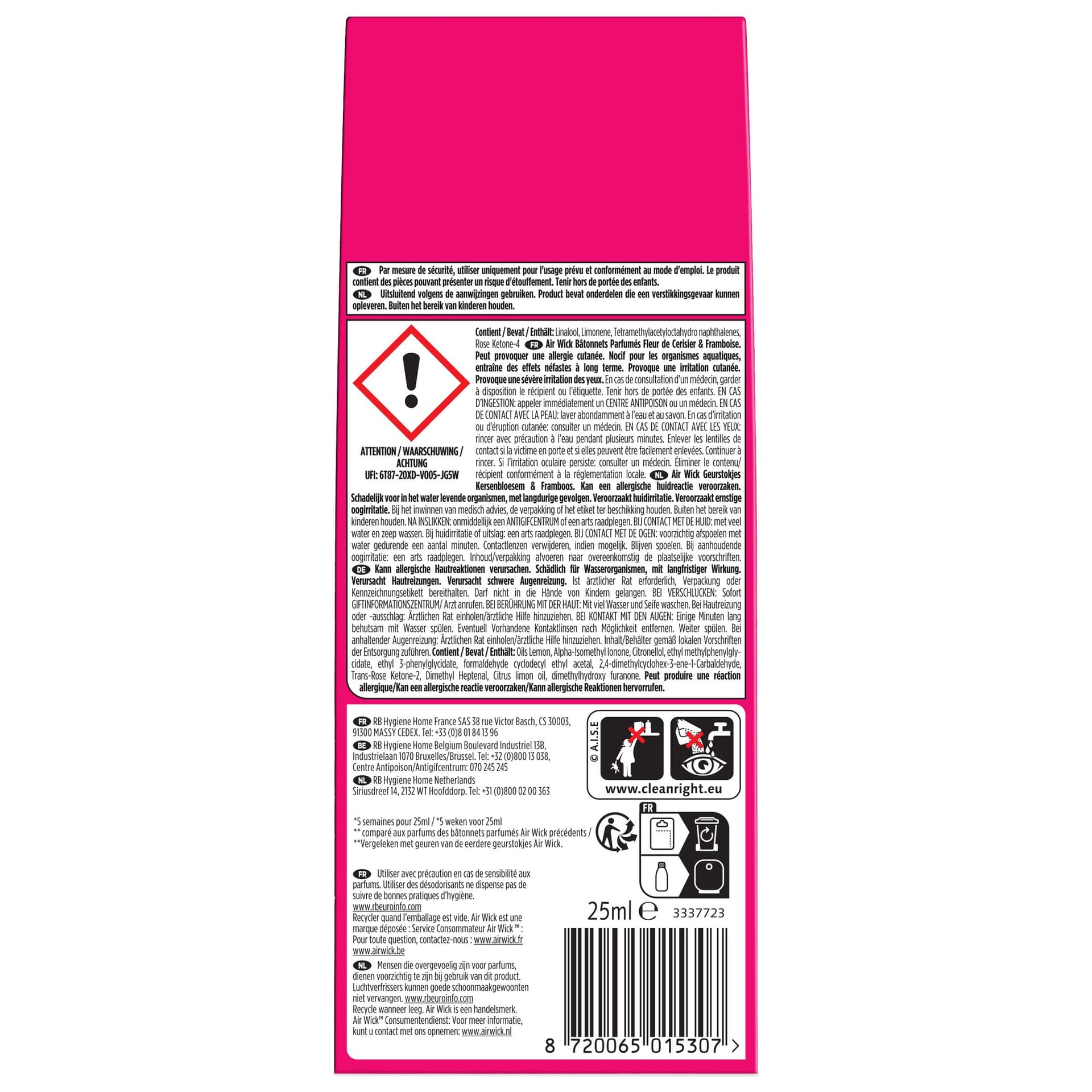 Geurstokjes AirWick Essential Oil Kersenbloesem & Frambozen 25ml 2