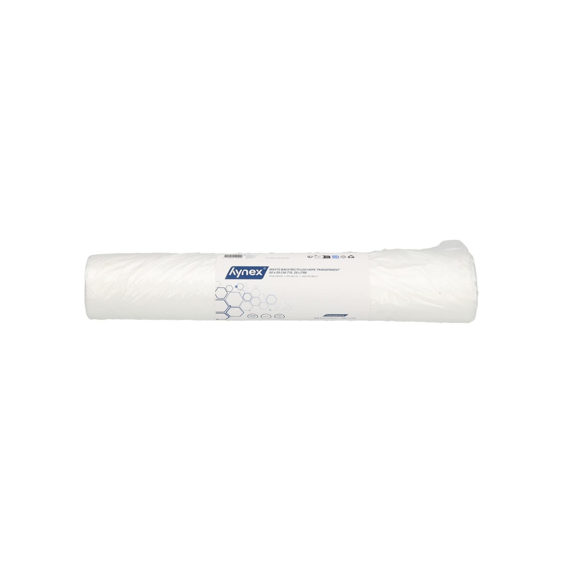 Afvalzak Hynex 50x55cm HDPE recycled T15 25L transparant rol à 50 stuks