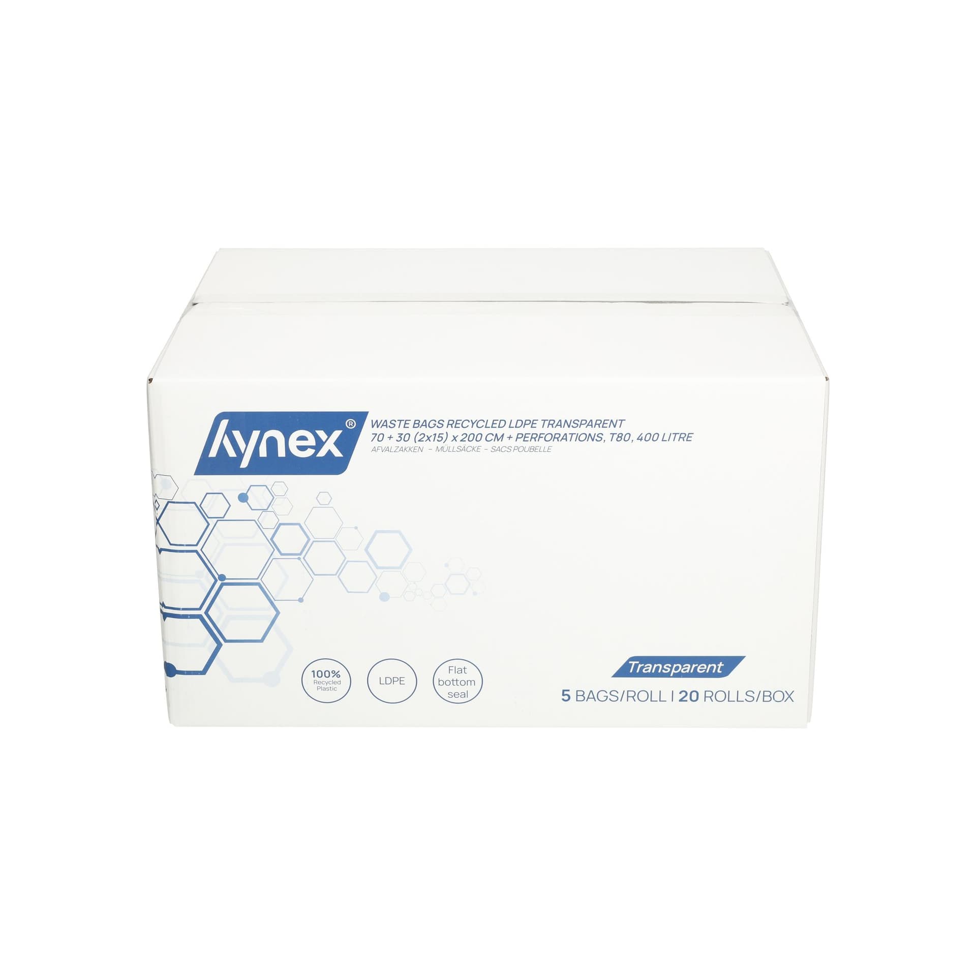 Afvalzak Hynex 70/15x200cm LDPE recycled T80 400L transparant ponsgaten rol à 5 stuks 7
