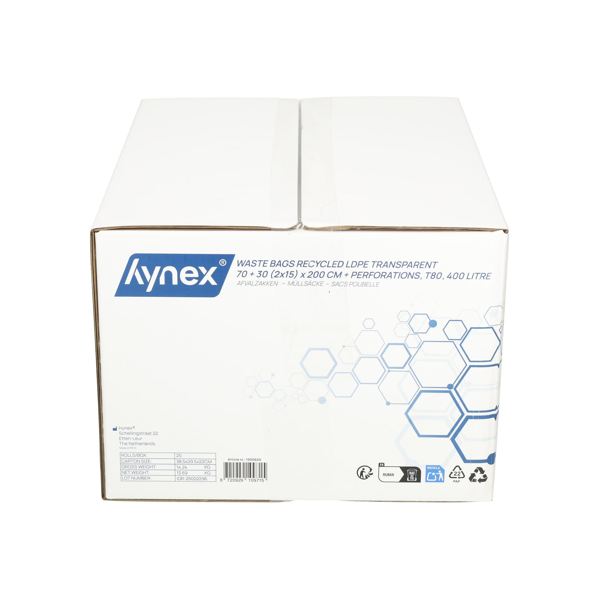 Afvalzak Hynex 70/15x200cm LDPE recycled T80 400L transparant ponsgaten rol à 5 stuks 9