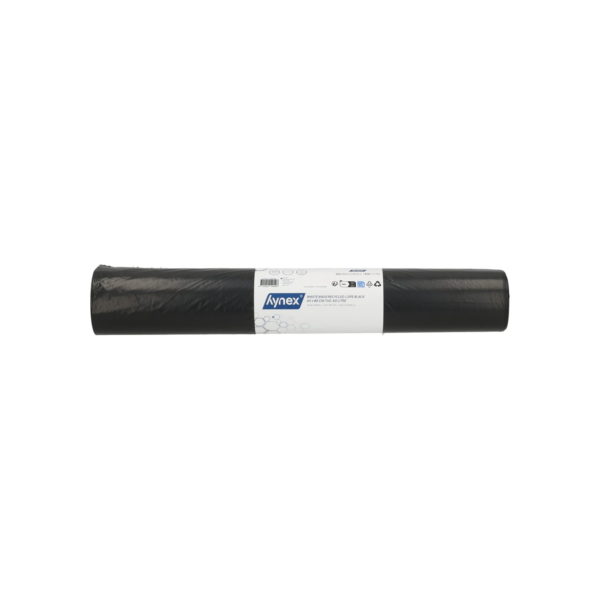 Afvalzak Hynex 60x80cm LDPE recycled T40 60L zwart rol à 20 stuks