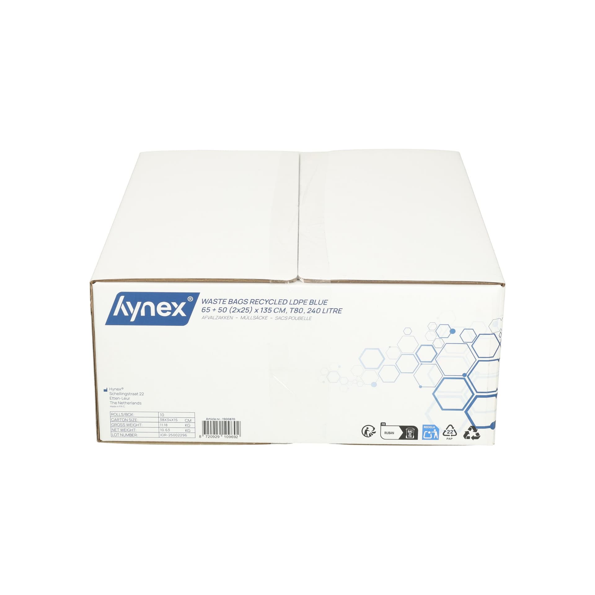 Afvalzak Hynex 65/25x135cm LDPE recycled T80 240L blauw rol à 10 stuks 8