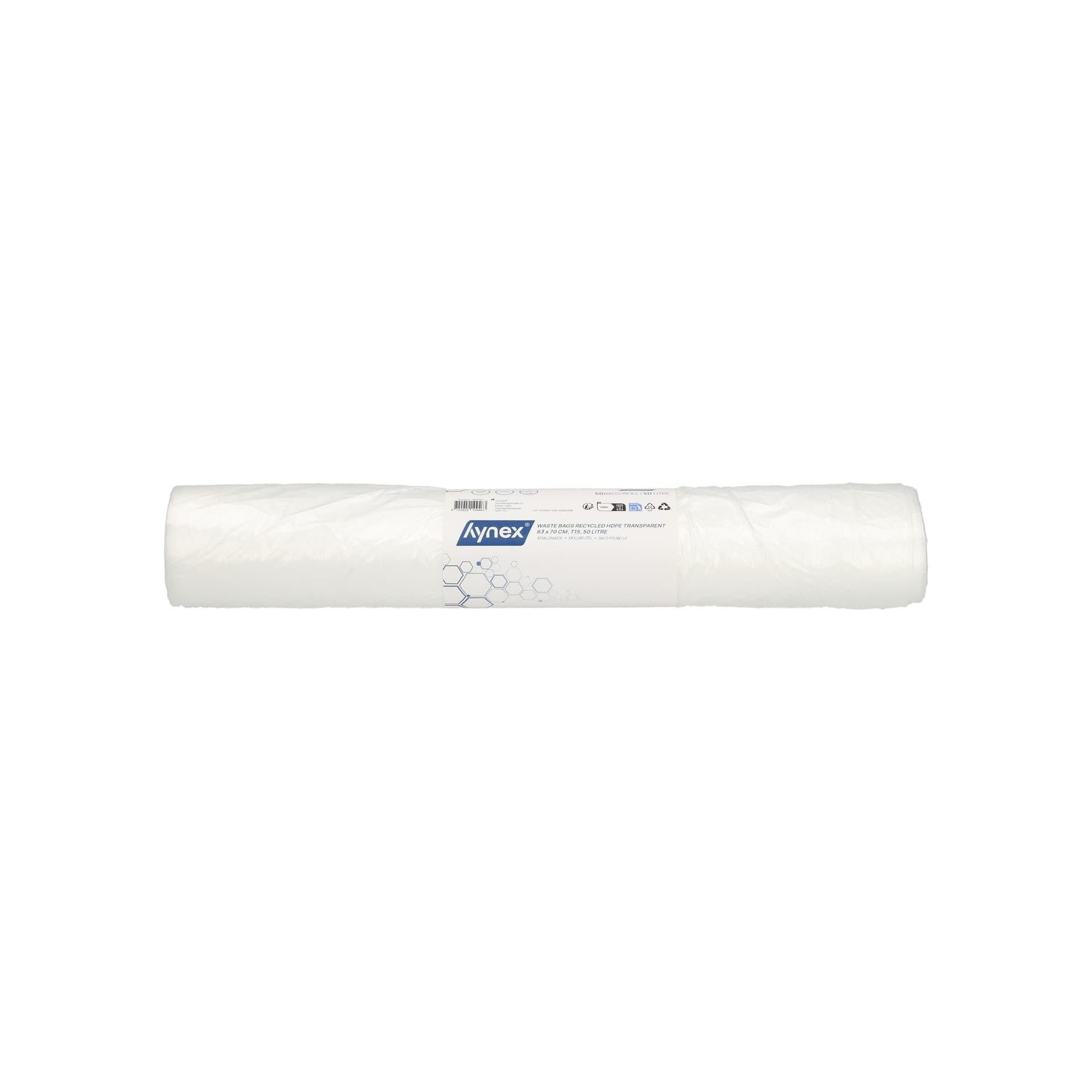 Afvalzak Hynex 63x70cm HDPE recycled T15 50L transparant rol à 50 stuks
