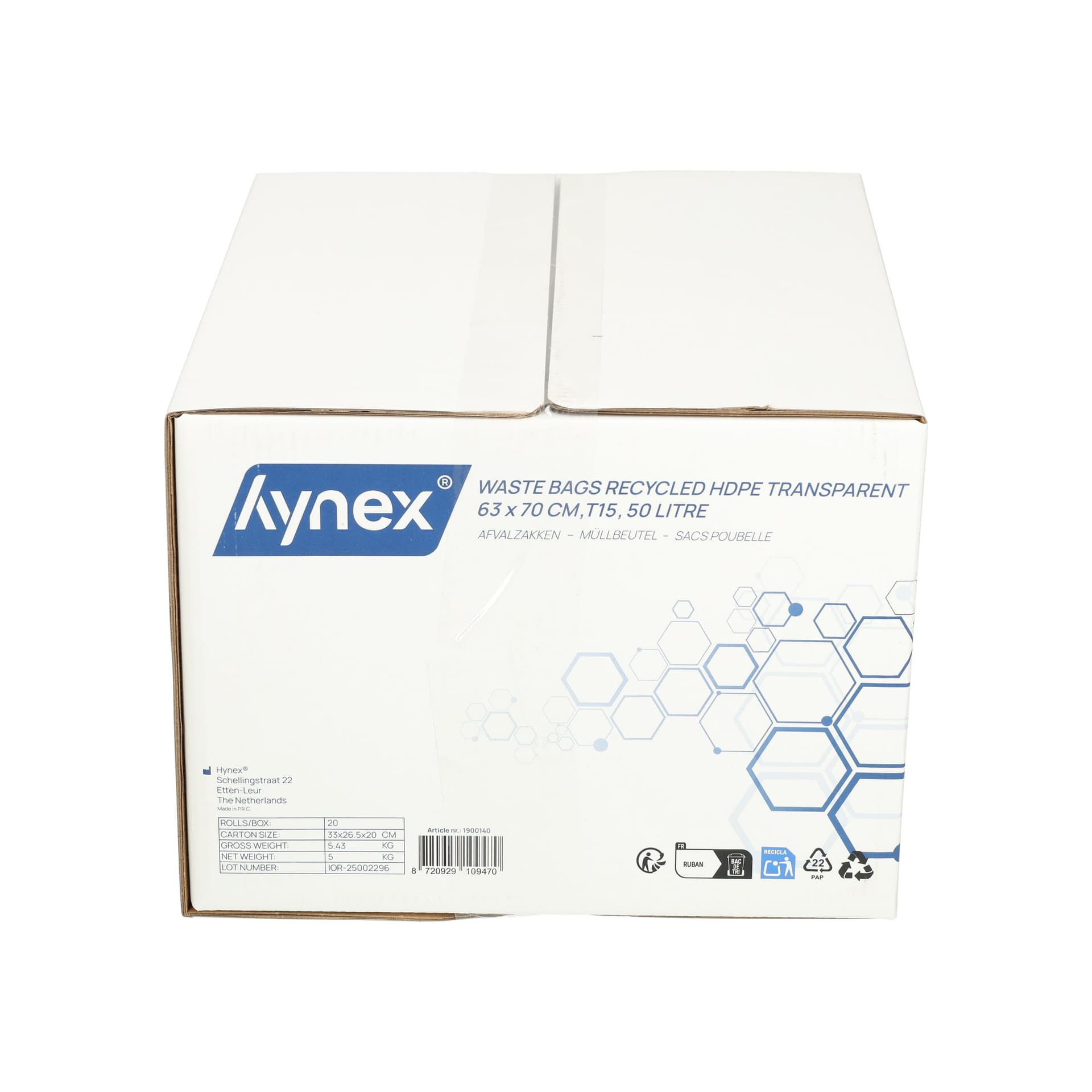Afvalzak Hynex 63x70cm HDPE recycled T15 50L transparant rol à 50 stuks 8