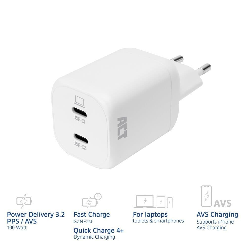 Oplader ACT USB-C 100W 2-poorts PD, PPS, AVS, QC, Ganfast 3