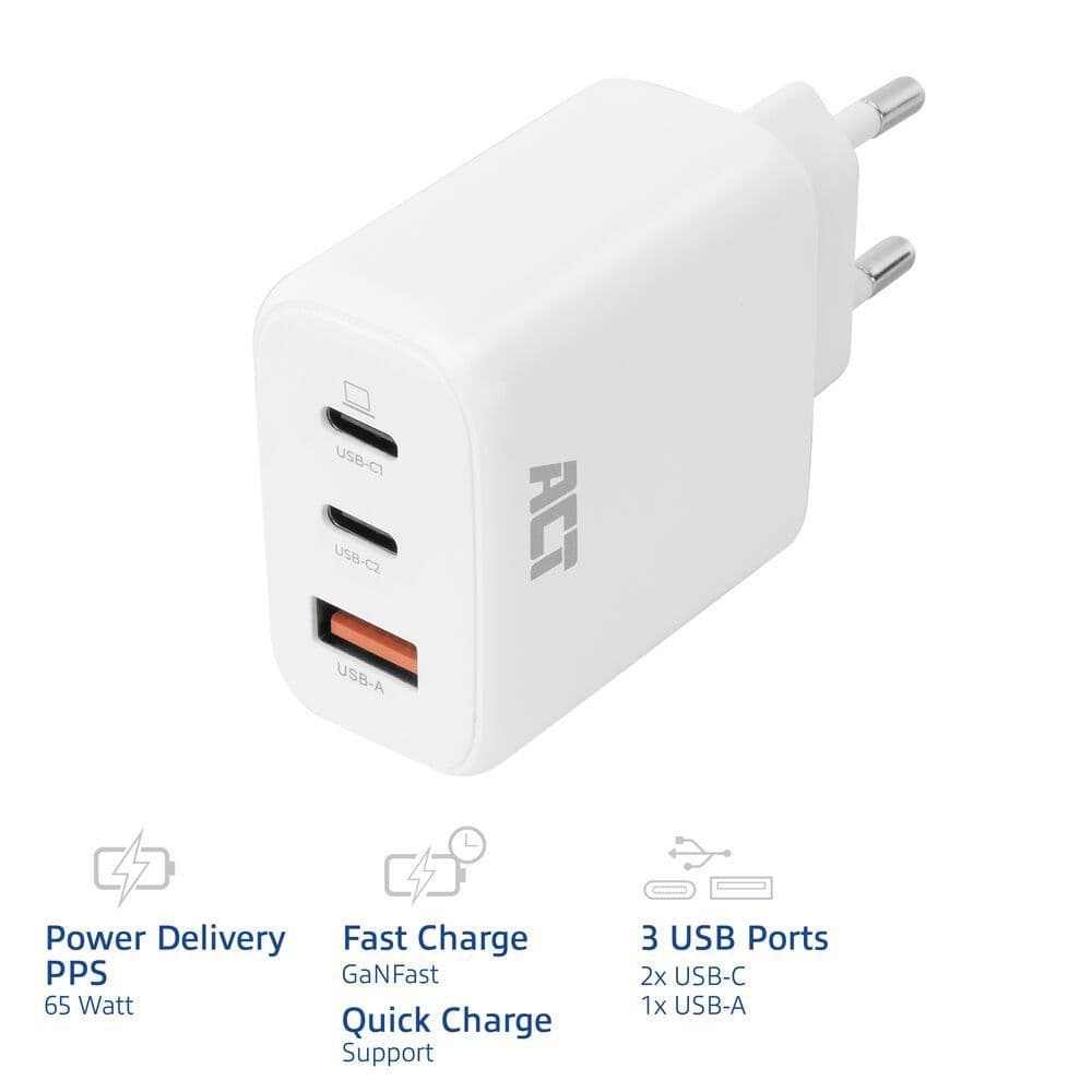 Oplader ACT 65W 3-poorts USB-C USB-A PD QC Ganfast 3