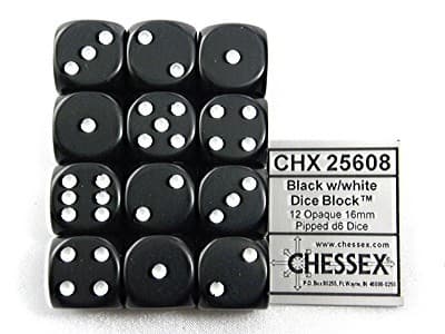 Dobbelsteen Chessex Black/white D6 16mm set à 12 stuks
