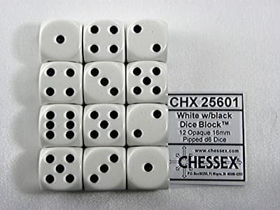 Dobbelsteen Chessex White/black D6 16mm set à 12 stuks