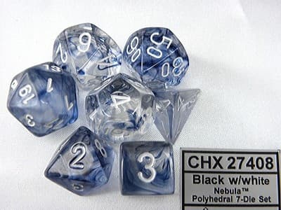 Dobbelsteen Chessex  Polydice Nebula Black/white set à 7 stuks