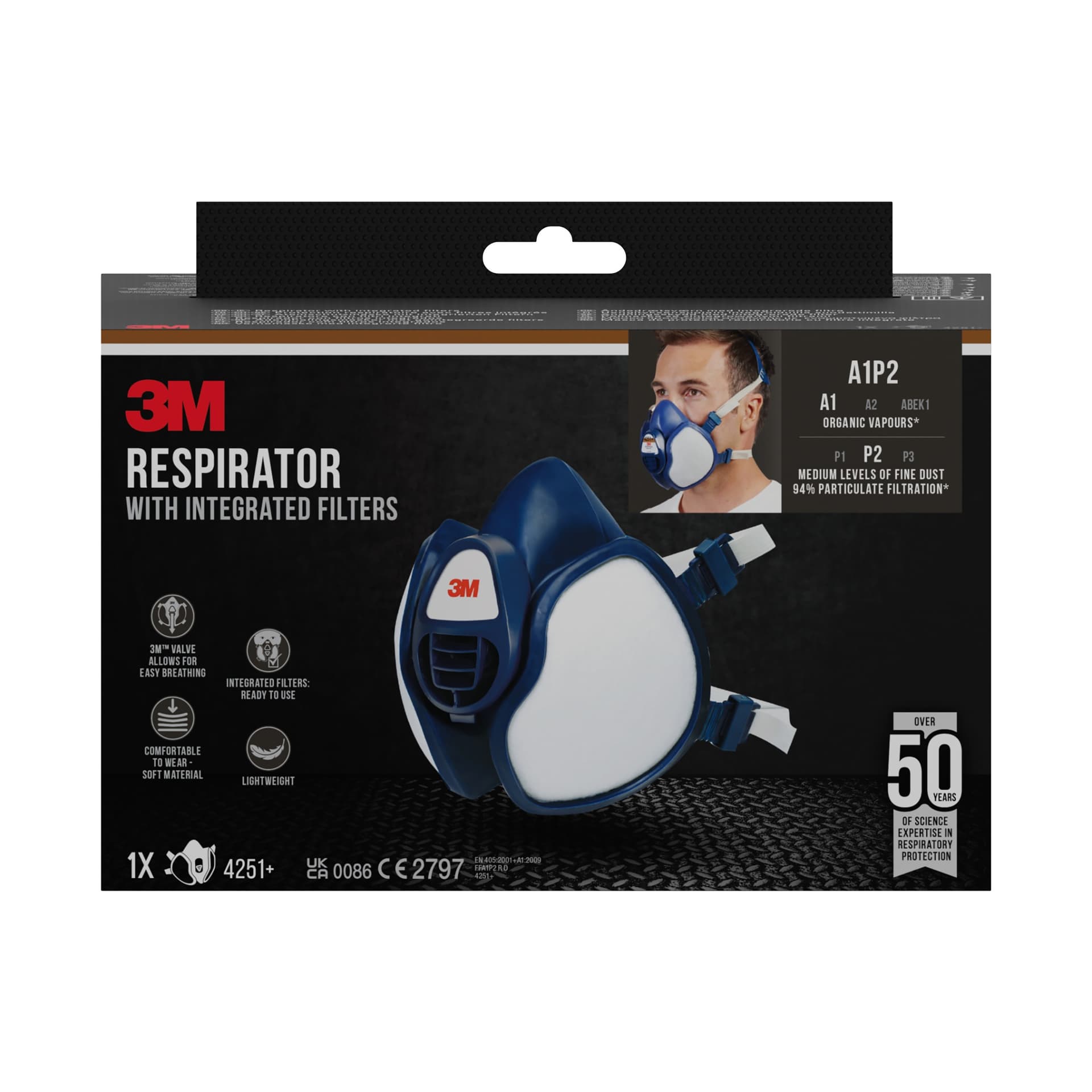 Mondmasker 3M met geïntegreerde filters 4251+, A1P2 organische dampen