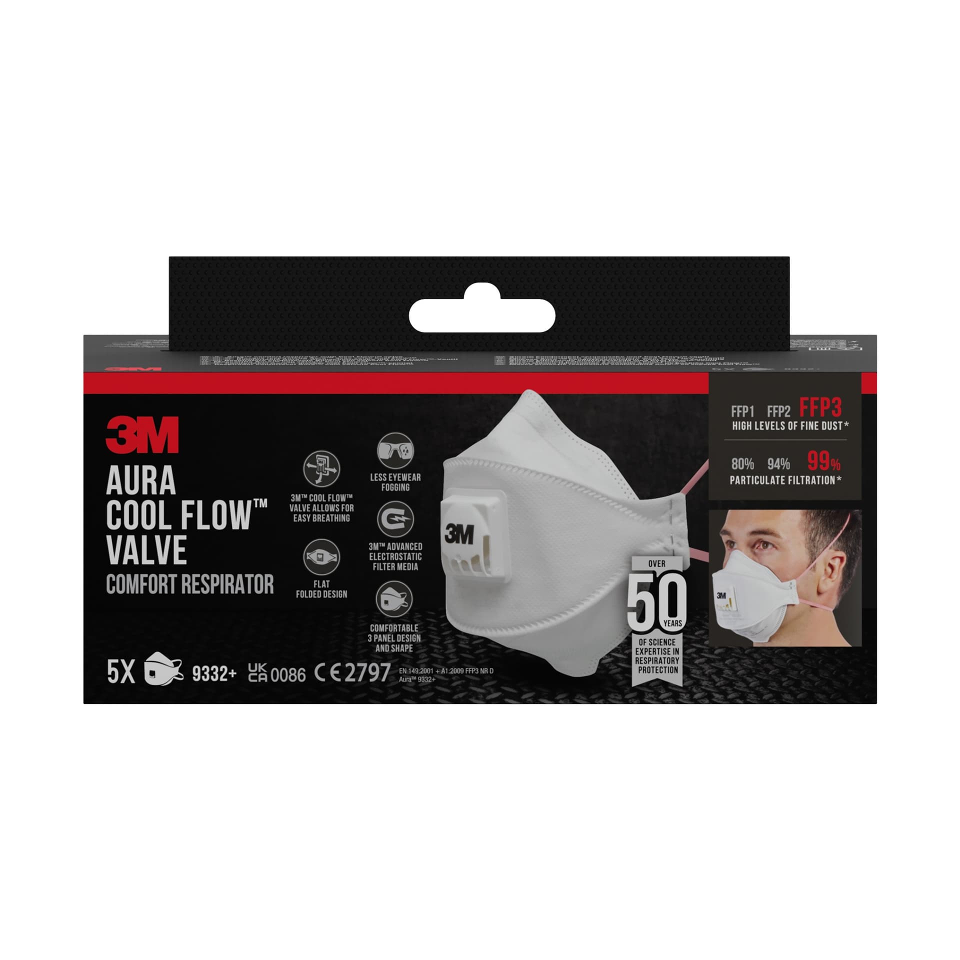 Stofmasker 3M Aura Comfort Cool Flow 9332 FFP3 met ventiel 5 stuks
