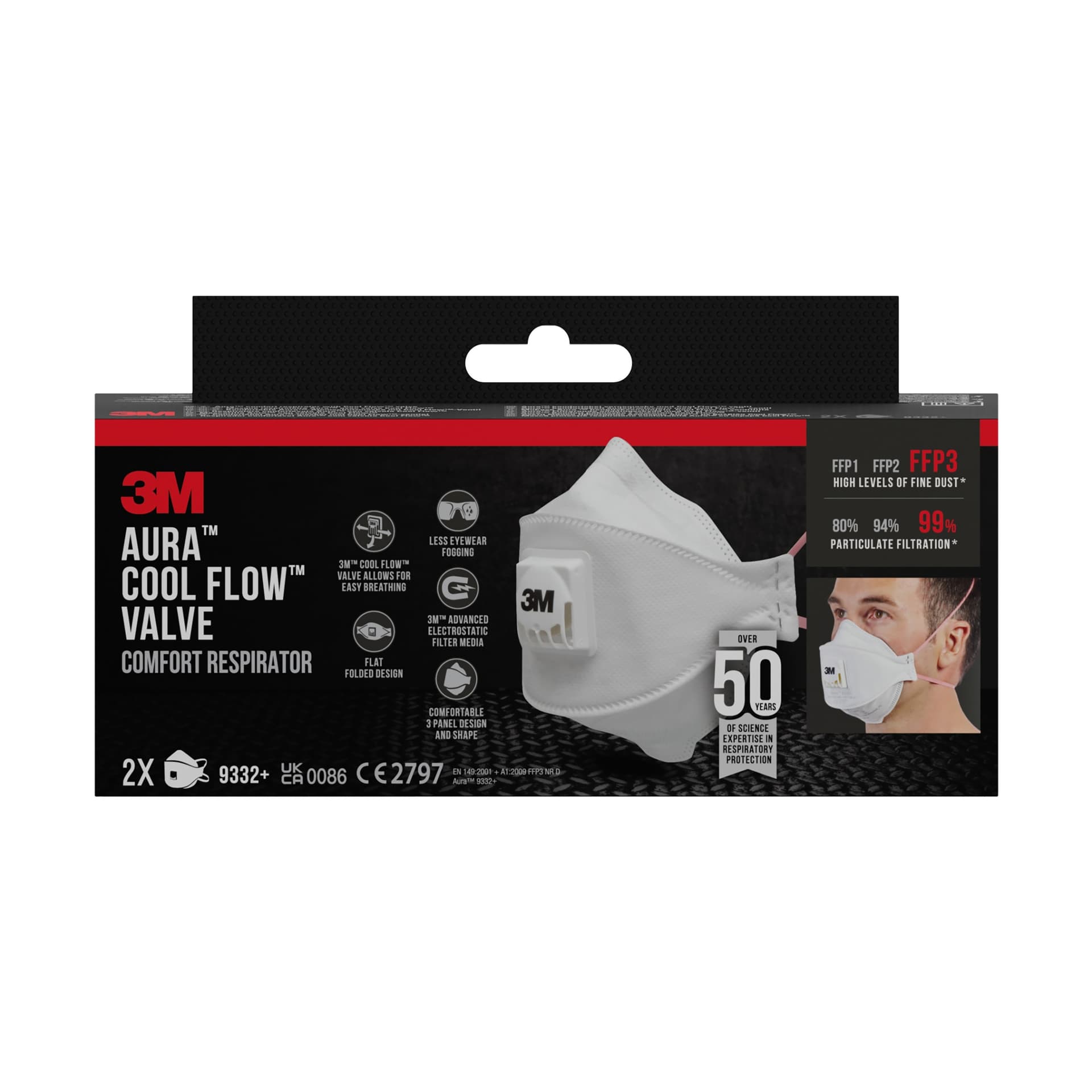 Stofmasker 3M Aura Comfort Cool Flow 9332 FFP3 met ventiel 2 stuks