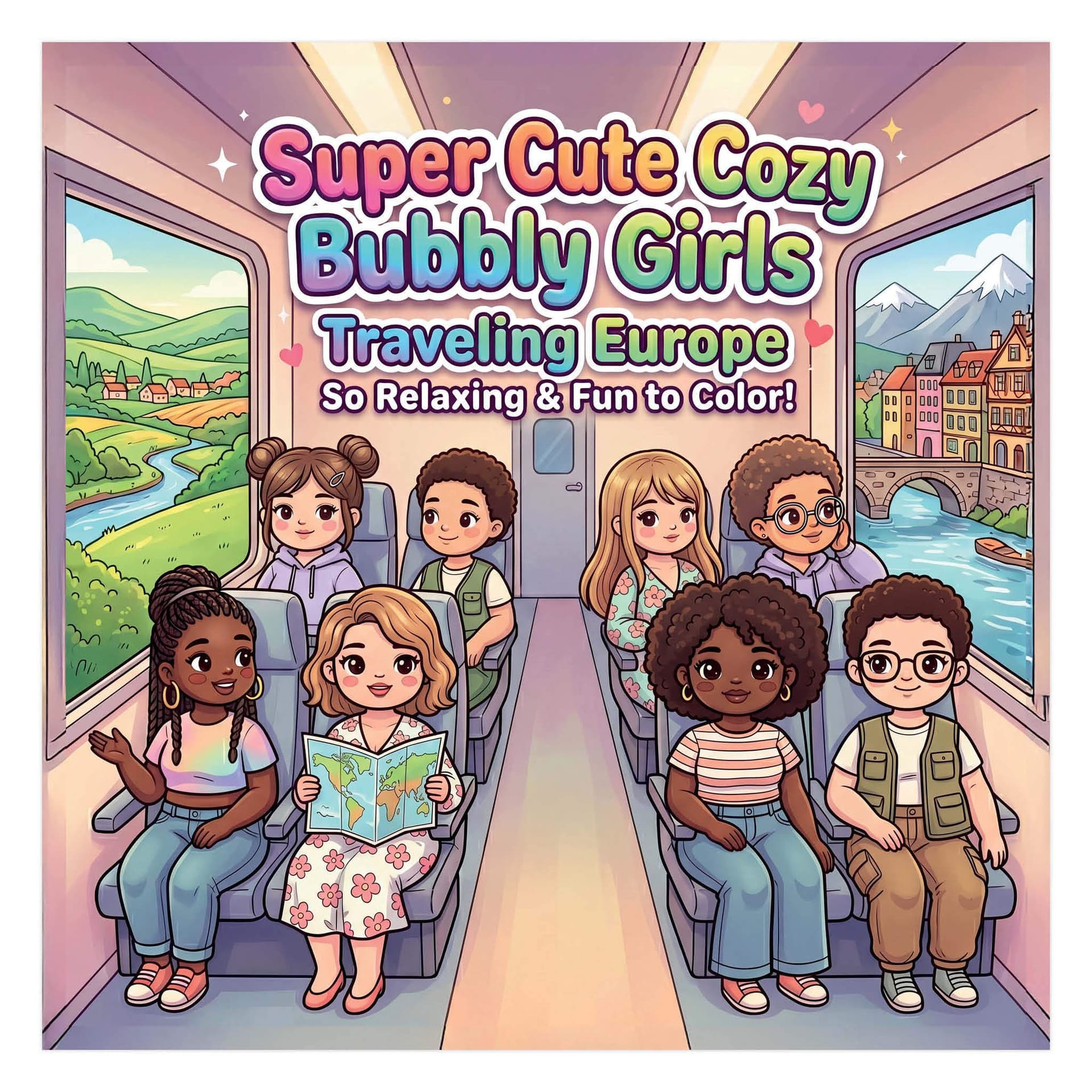 Kleurboek Cute Cozy Bubbly Girls Traveling 2