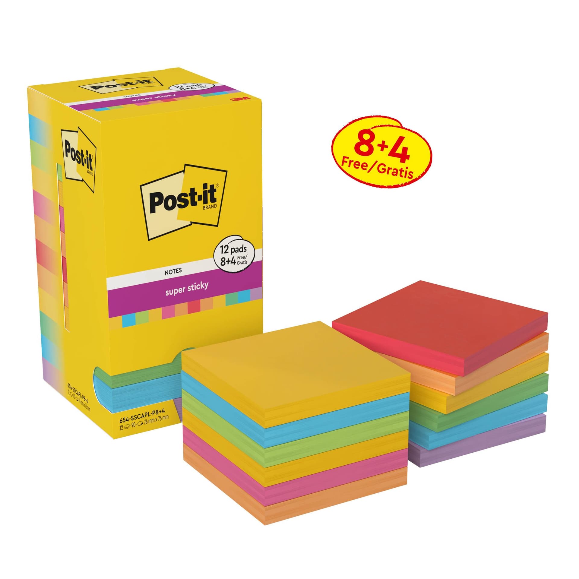 Memoblok Post-it Super Sticky Notes 76x76mm colour 8+4 gratis