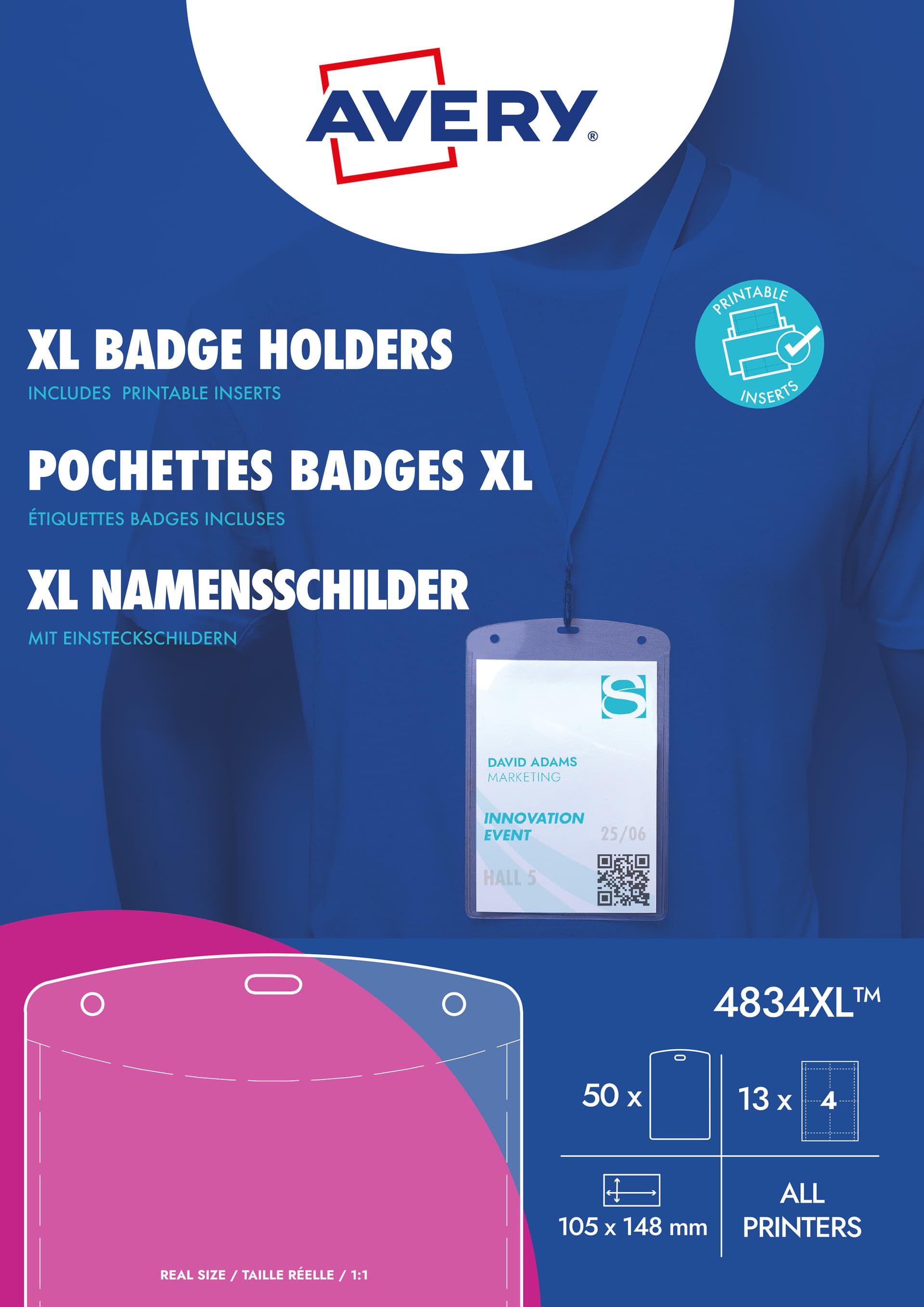 Badge Avery 4834XL A6 hoes + bedrukbare insteekkaarten 50 stuks