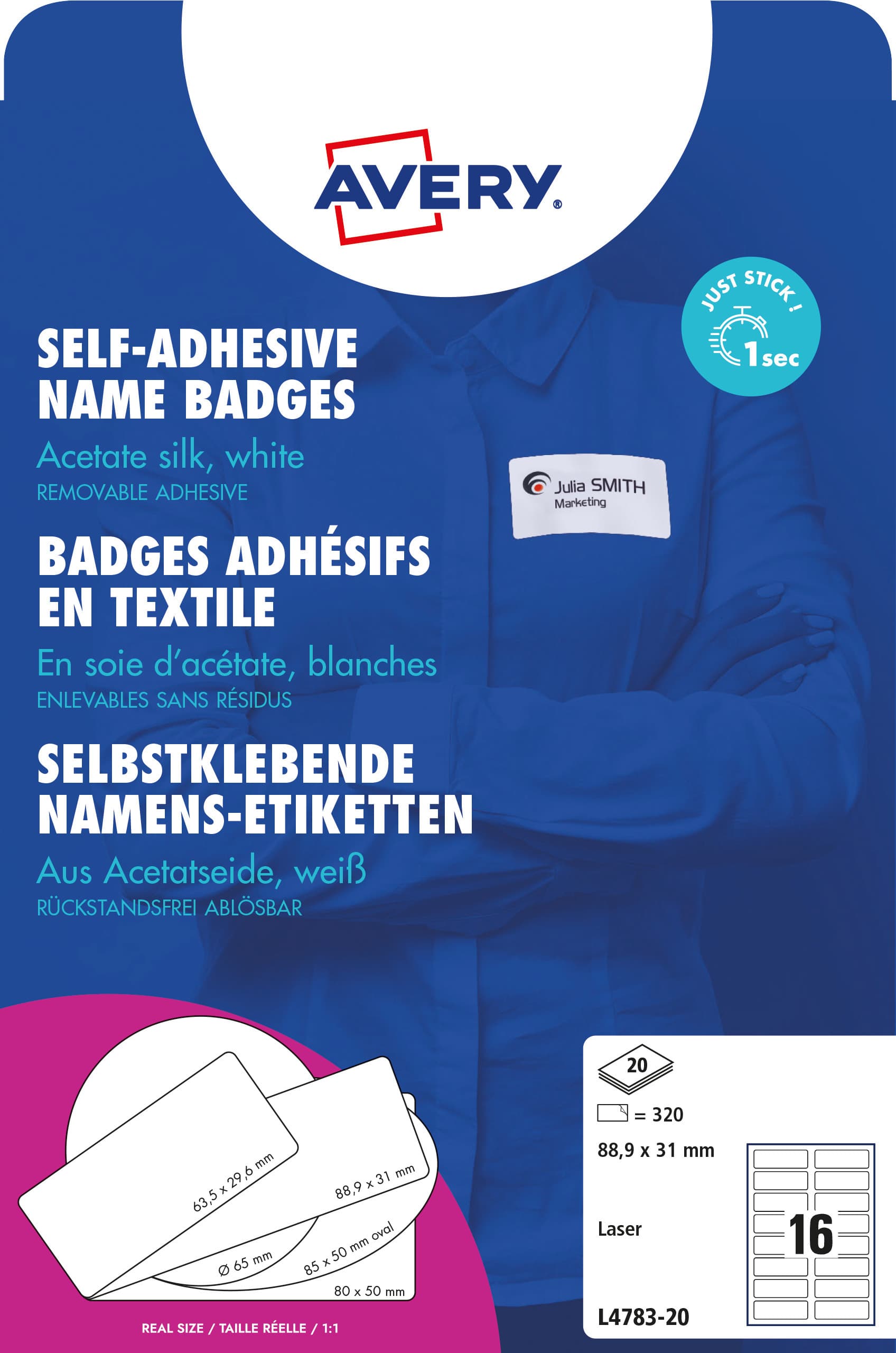 Naambadge etiket Avery L4783-20 88.9x31mm zelfklevend 320 stuks