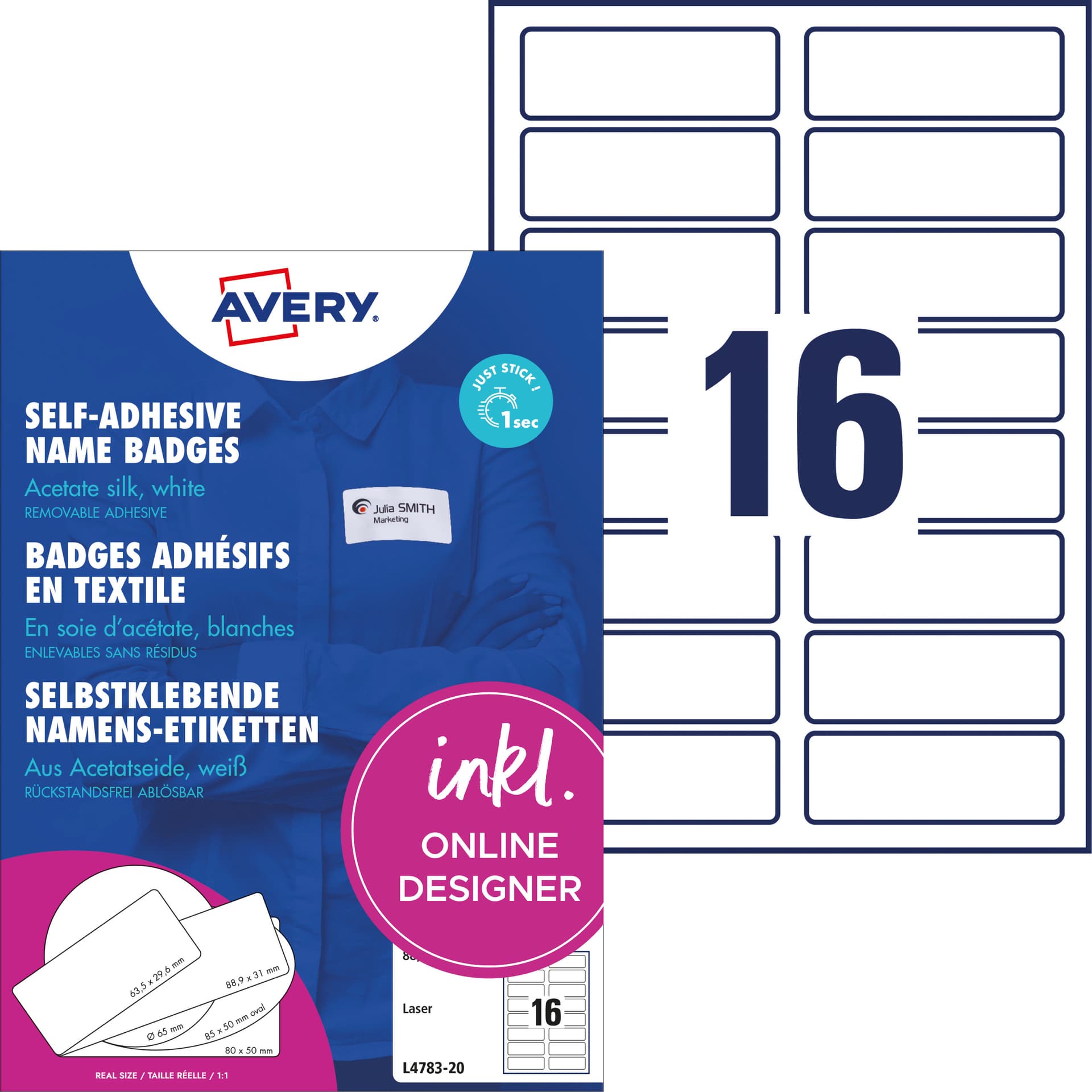 Naambadge etiket Avery L4783-20 88.9x31mm zelfklevend 320 stuks 2