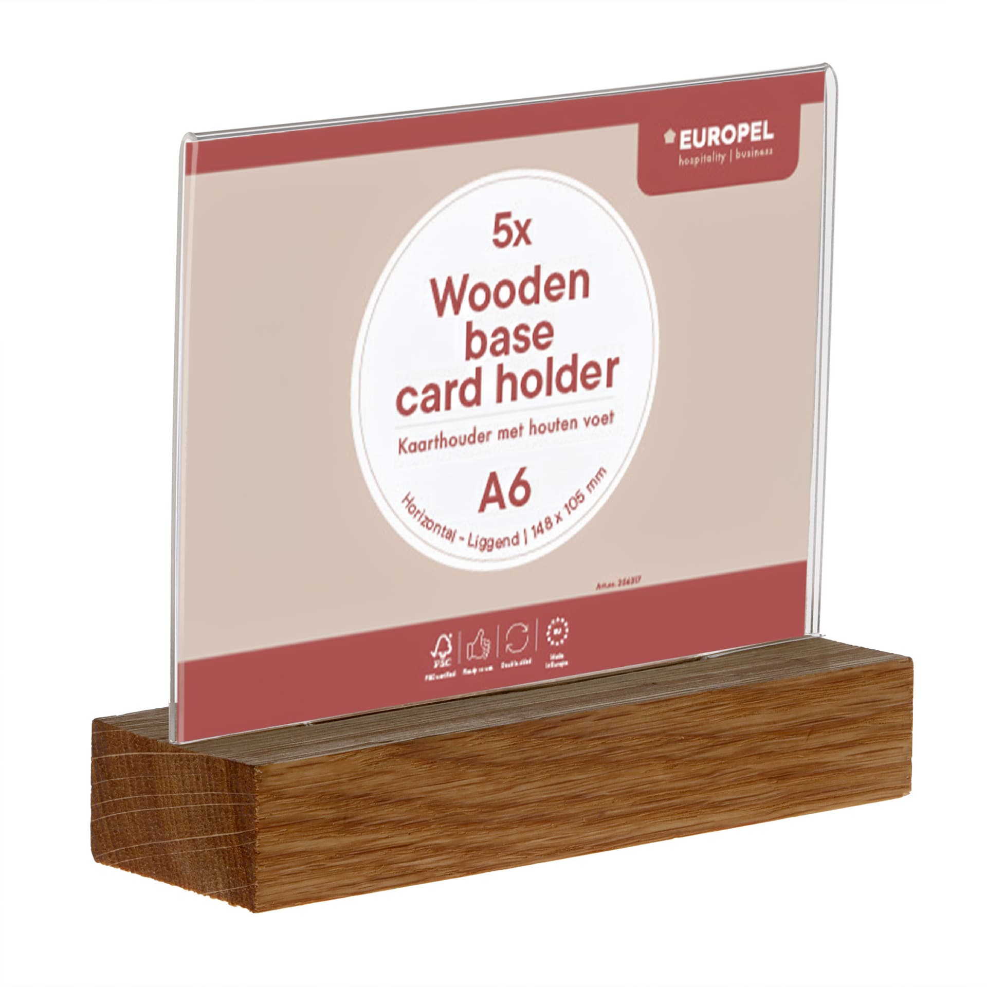 Kaarthouder Europel acryl houten voet A6 liggend 5 stuks 3