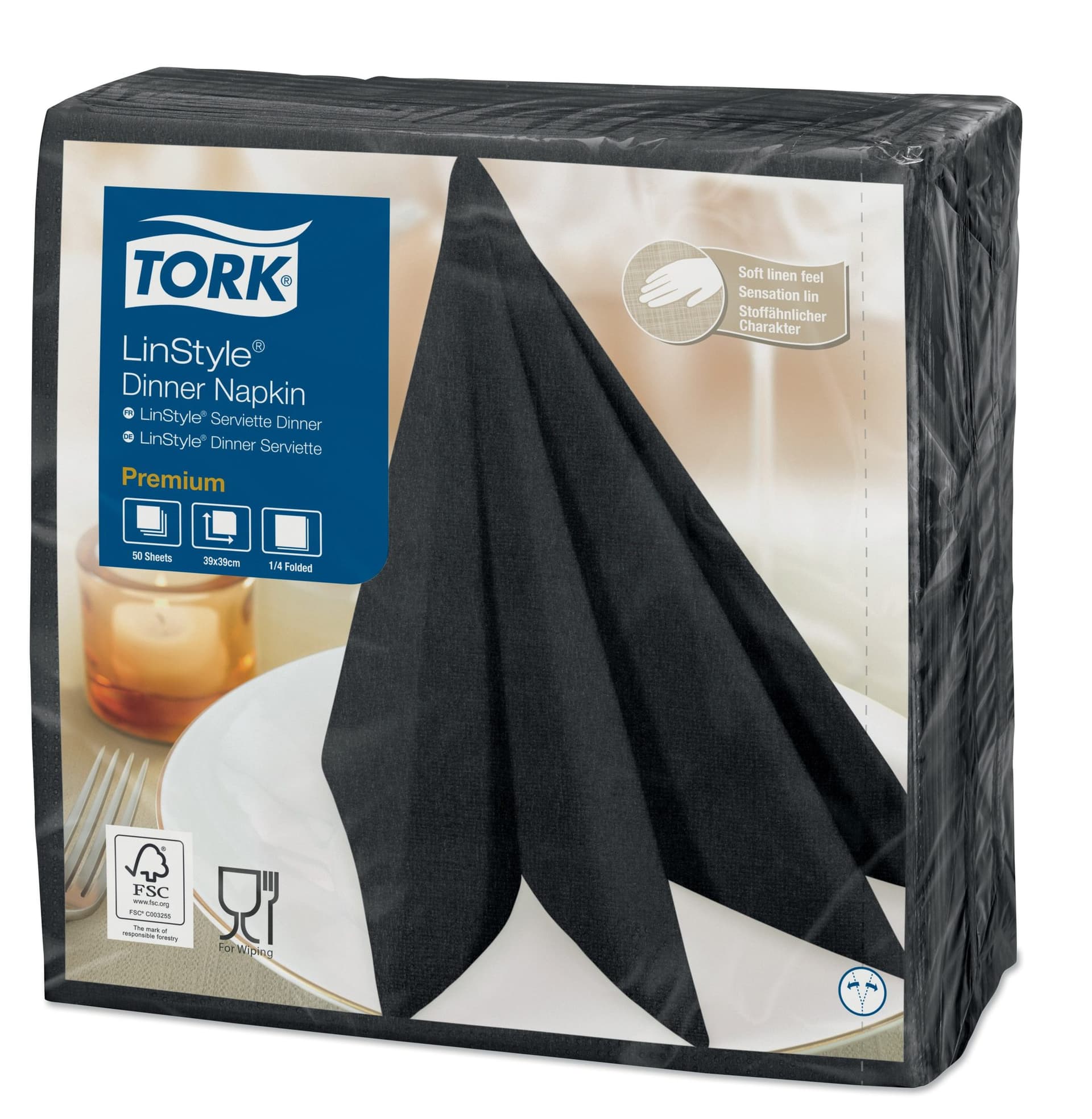 Dinerservet Tork Linstyle Premium 1/4 vouw 1-laags 390x390mm 50 vel zwart 478825