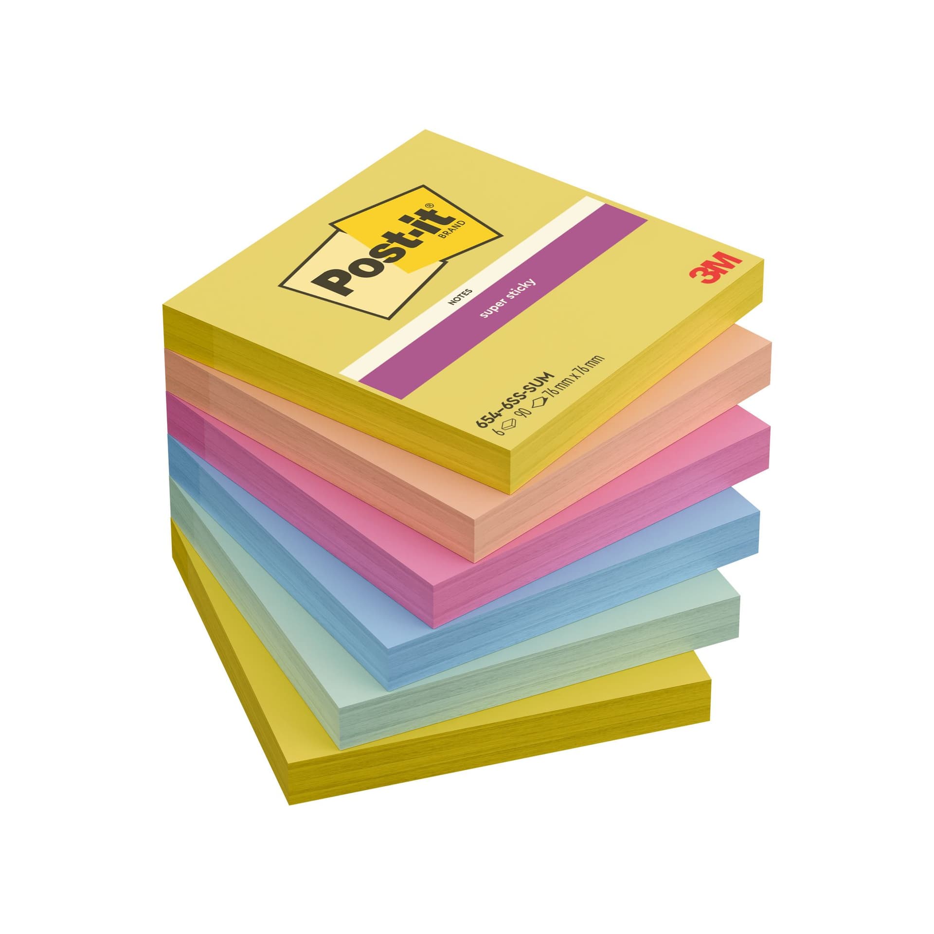 Memoblok Post-it 654 Super Sticky 76x76mm Summer Sorbet 6 stuks