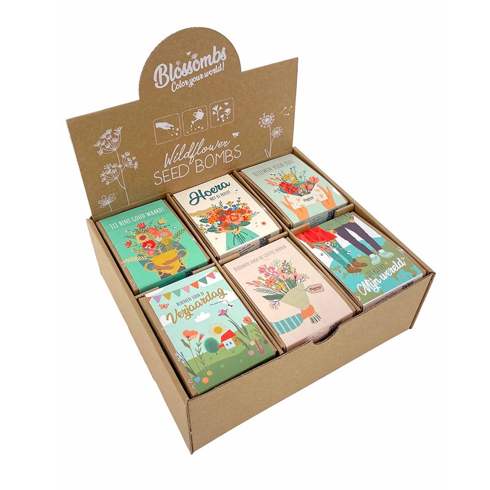 Giftbox Blossombs bloemen assorti display à 24 zaadbommetjes