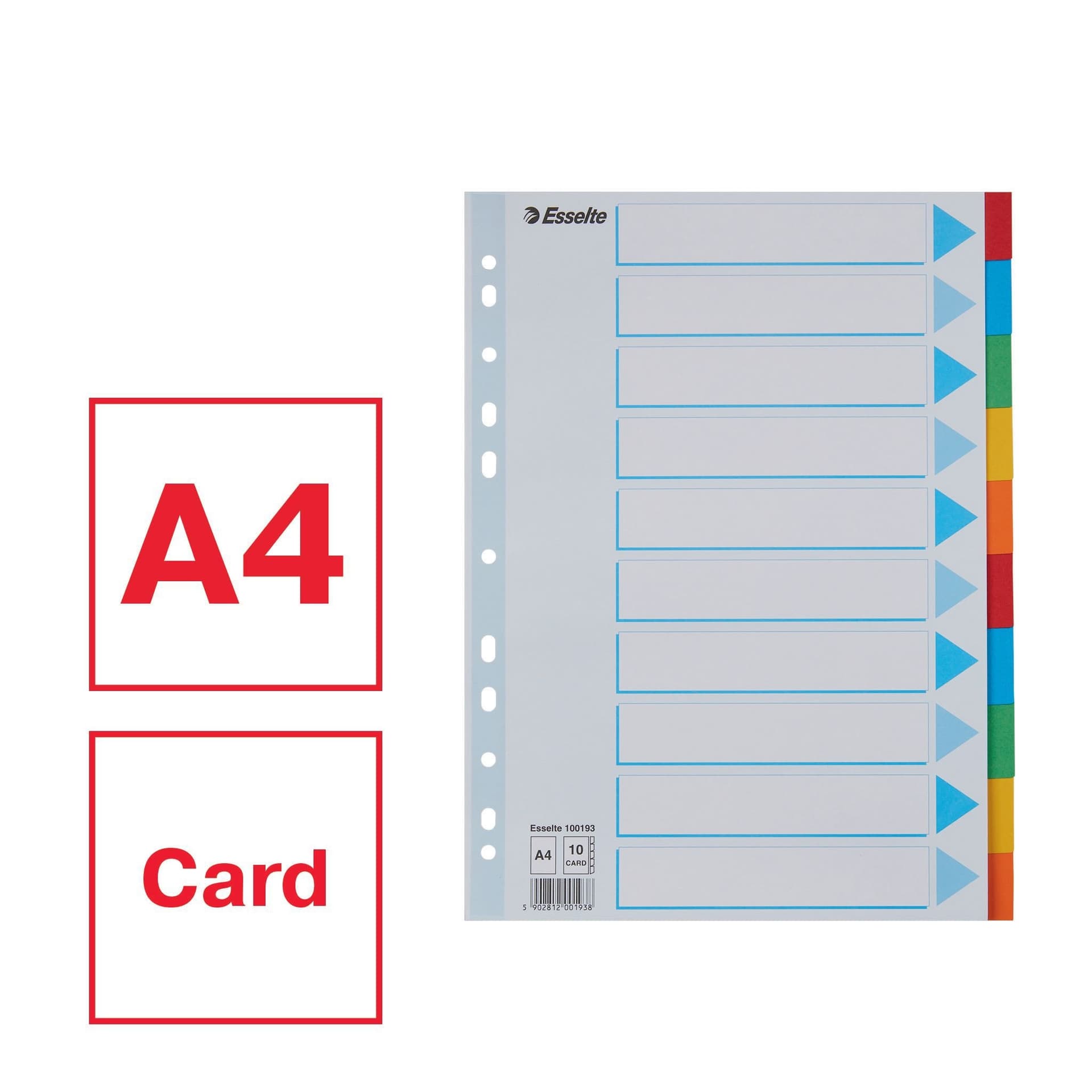 Tabbladen Esselte Standaard A4 10-delig karton 11-rings met voorblad assorti 3