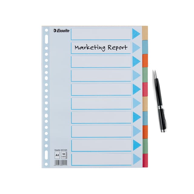 Tabbladen Esselte Premium A4 10-delig karton 23-rings assorti 5