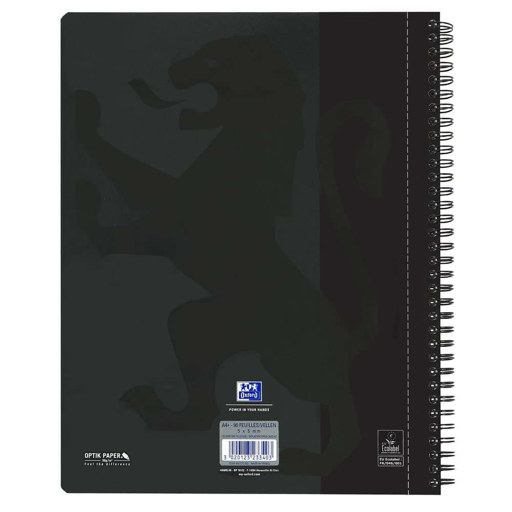 Collegeblok Oxford A4+ ruit 5x5mm 4-gaats 180 pagina's 80gr zwart 5