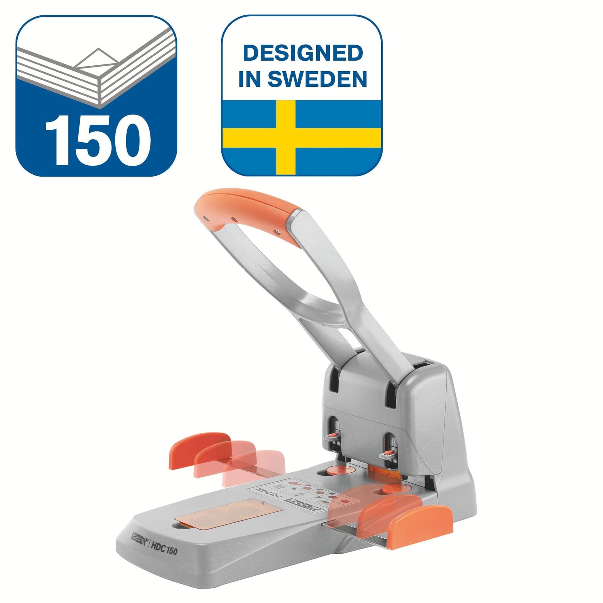 Perforator Rapid Supreme HDC150/2 heavy duty 2-gaats 150 vel zilver/oranje 3