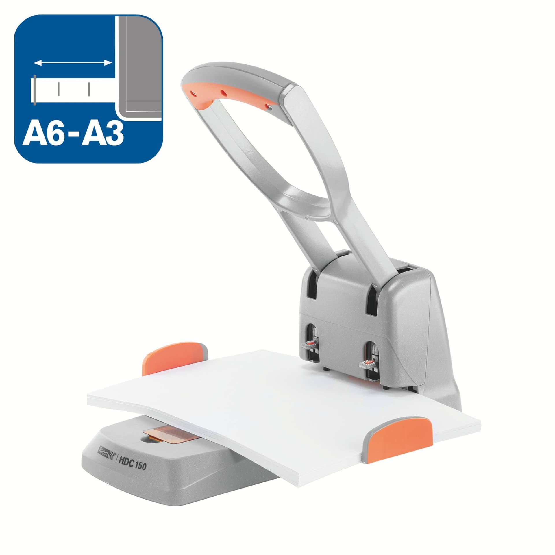 Perforator Rapid Supreme HDC150/2 heavy duty 2-gaats 150 vel zilver/oranje 4