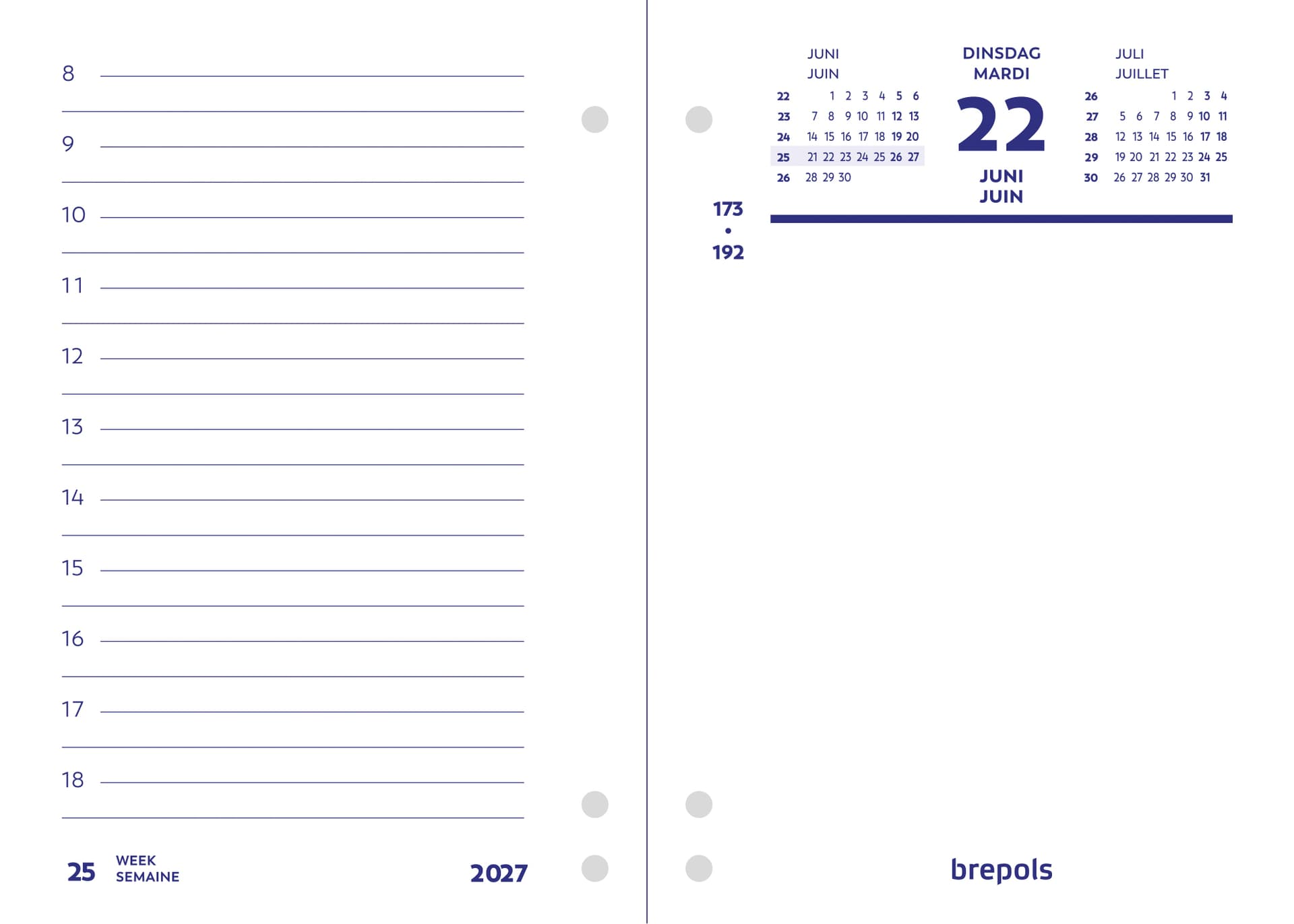 Omlegblok 2027 Brepols 1dag/2pagina's universele ponsing