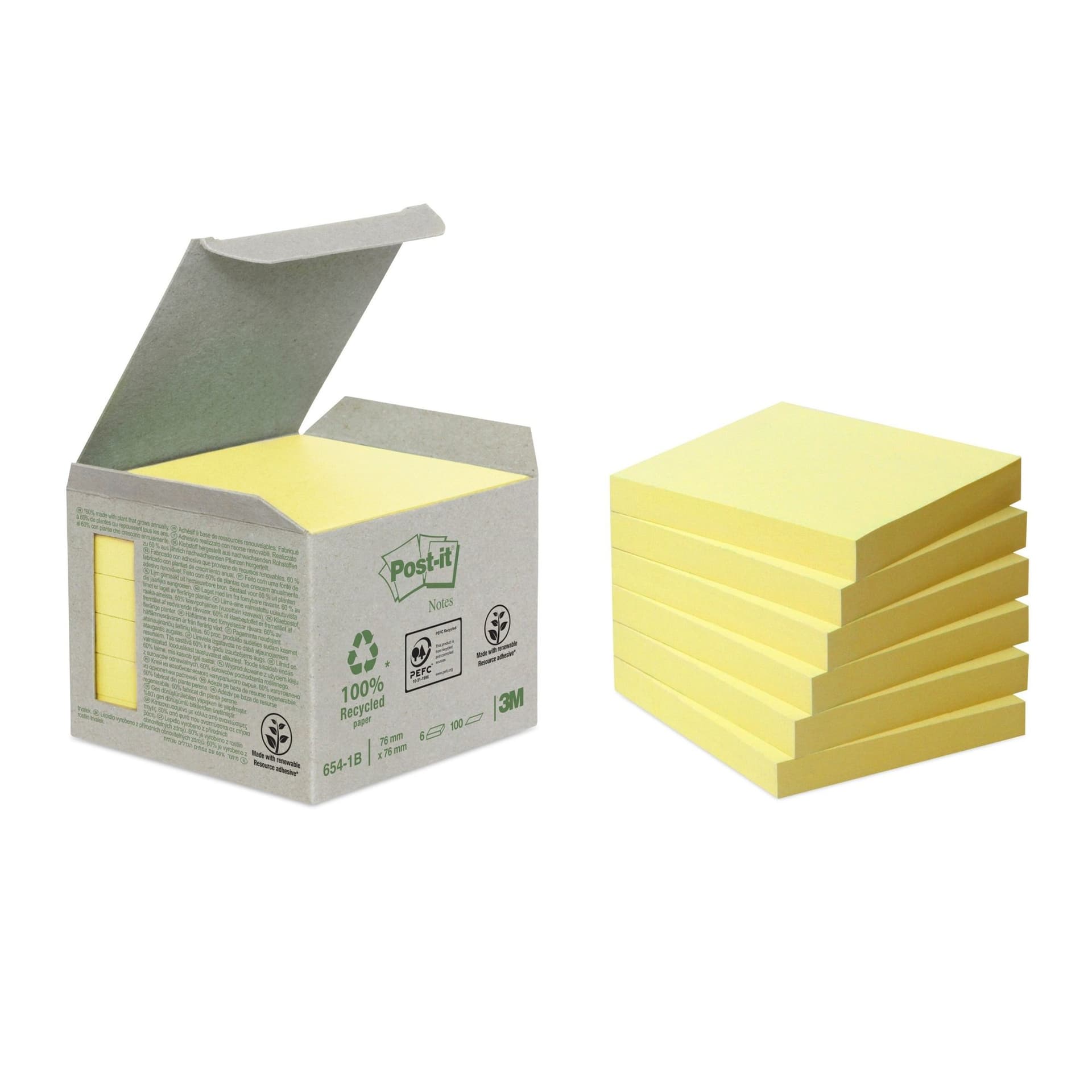 Memoblok Post-it 654-1B 76x76mm recycled geel 6 stuks