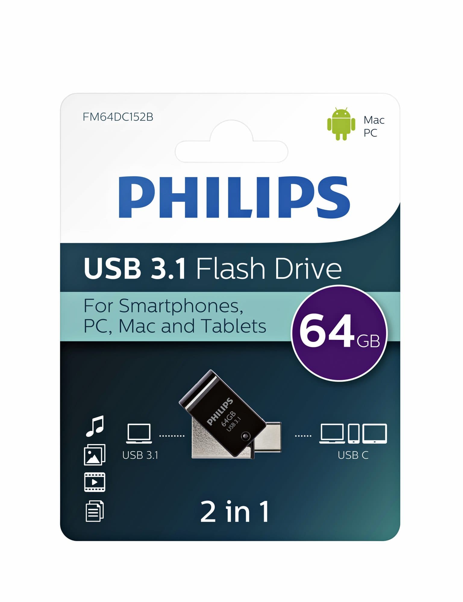 USB stick 3.1 Philips 2in1 USB-C USB-A 64GB zwart 2