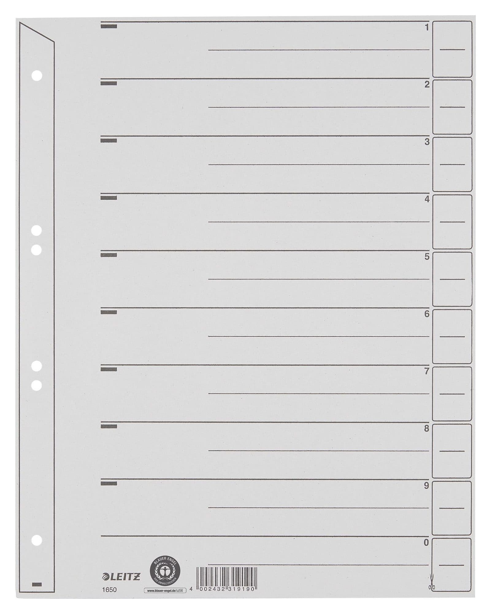 Scheidingsbladen Leitz A4 karton 200gr 6-gaats grijs 100 stuks