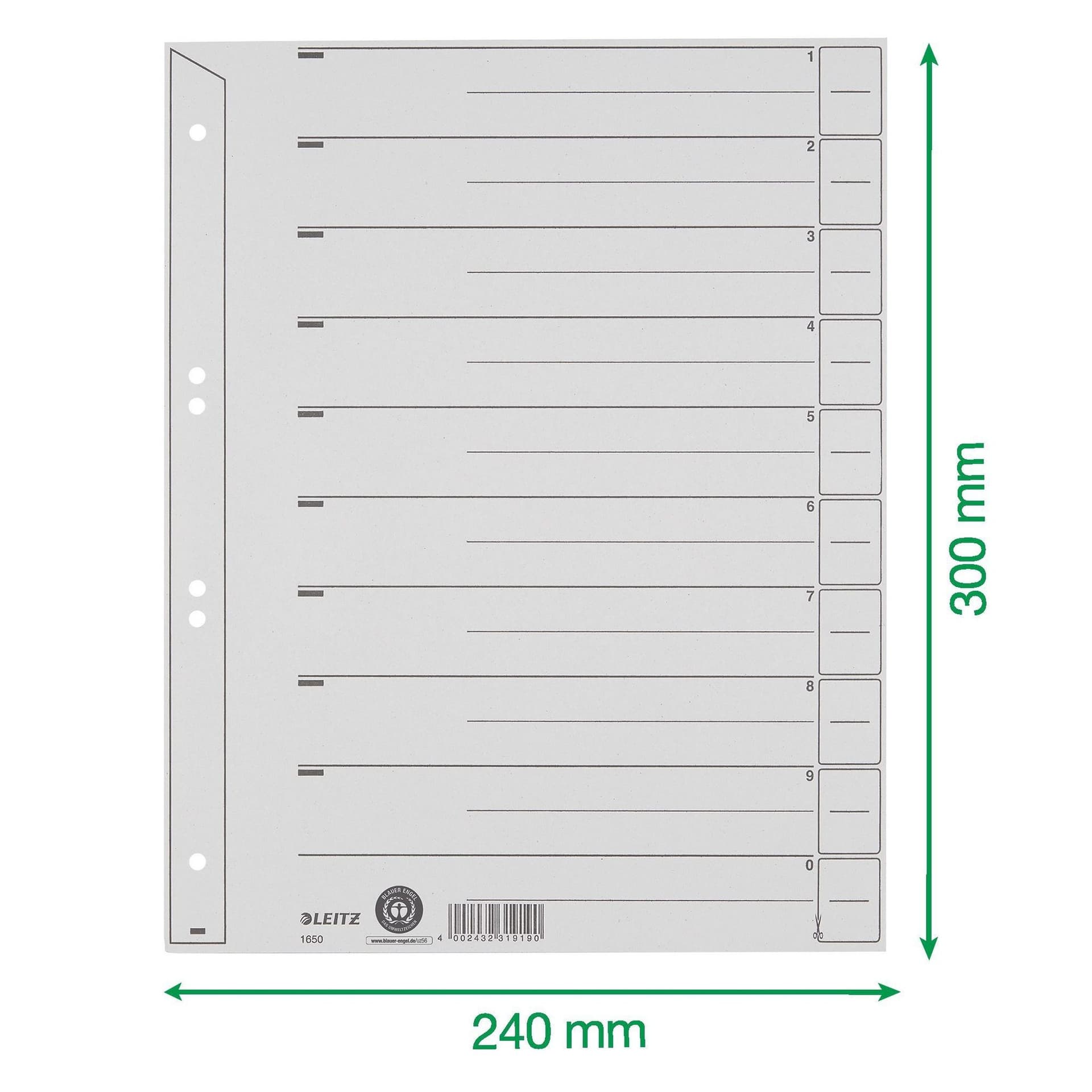 Scheidingsbladen Leitz A4 karton 200gr 6-gaats grijs 100 stuks 2