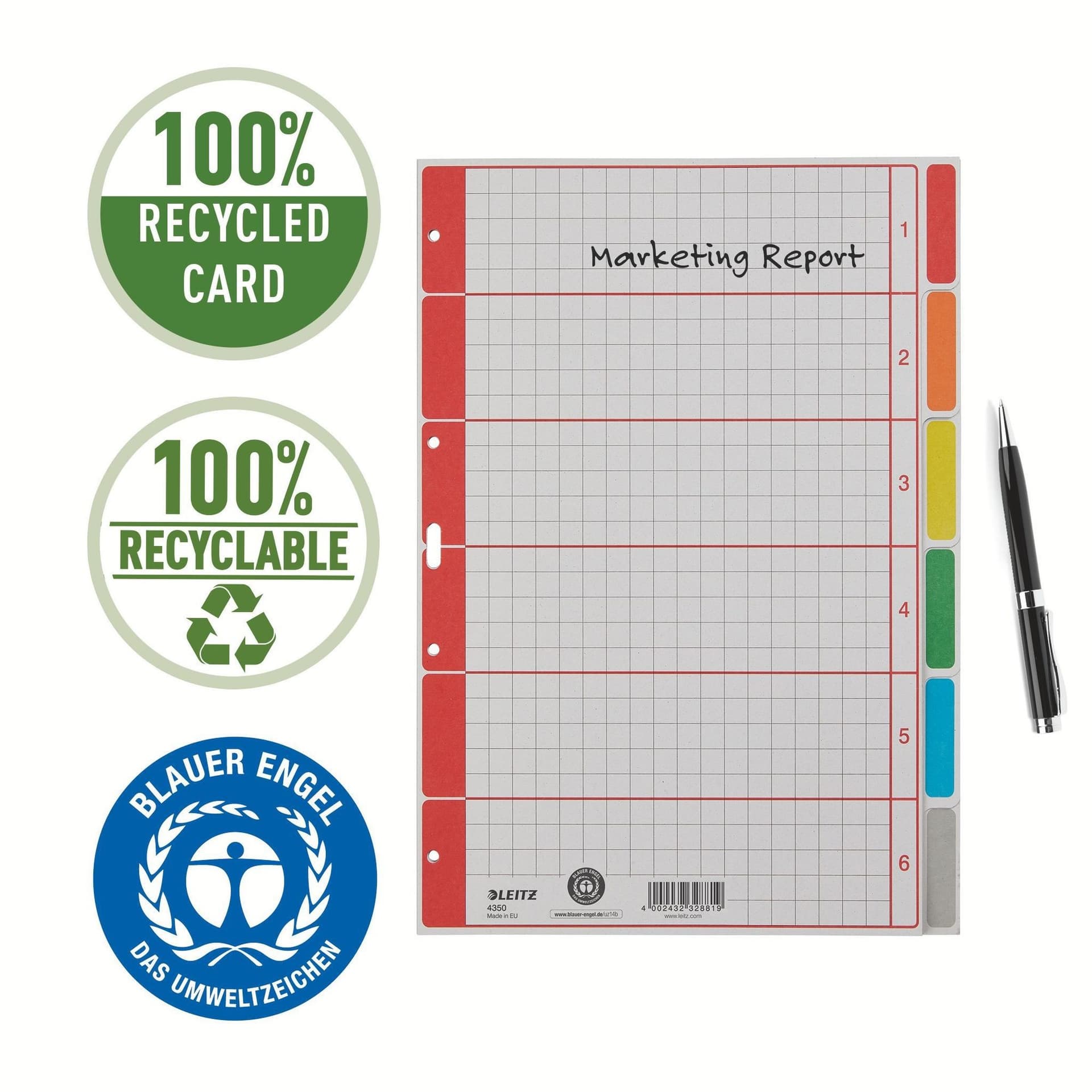 Tabbladen Leitz 4-gaats 4350 6-delig grijs karton 4