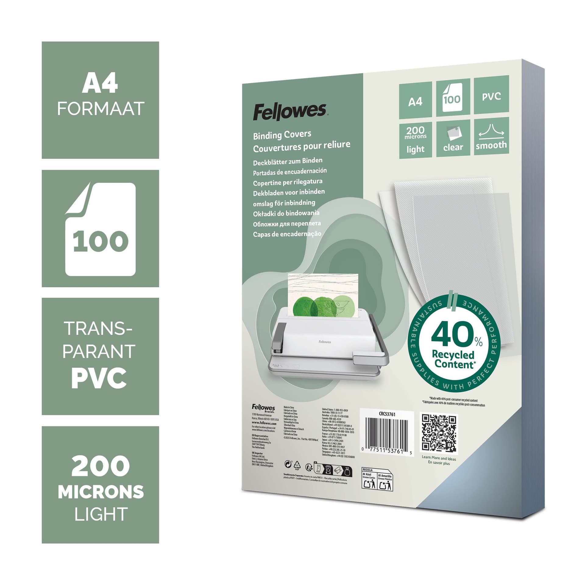 Voorblad Fellowes A4 PVC 200micron recycled 100 stuks 2