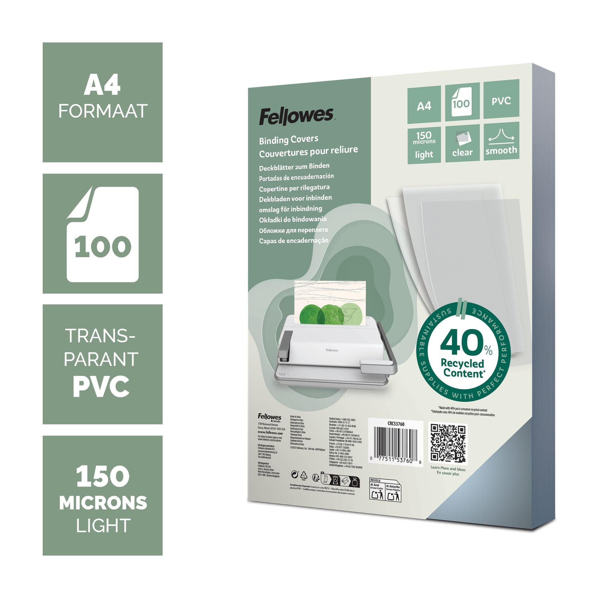 Voorblad Fellowes A4 PVC 150micron recycled 100 stuks 2