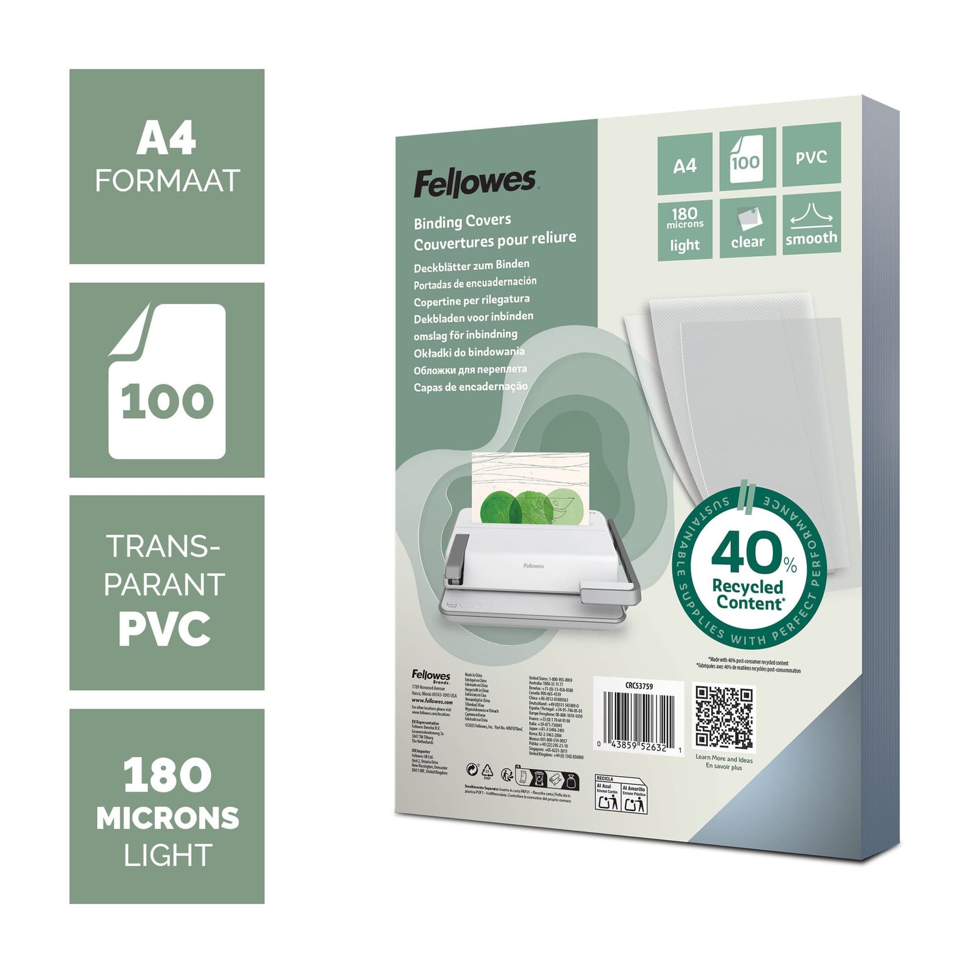 Voorblad Fellowes A4 PVC 180micron recycled 100 stuks 2