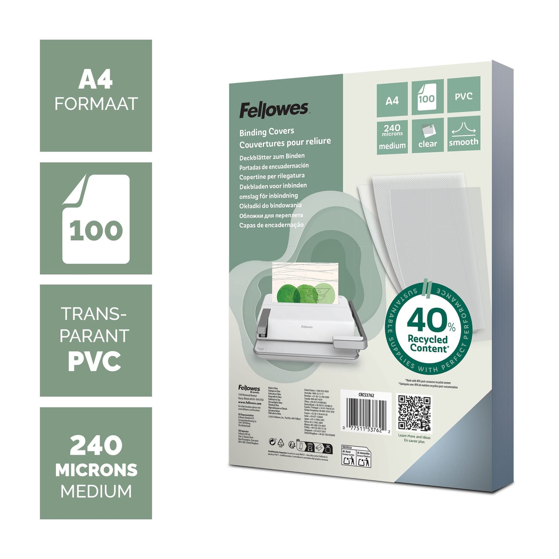 Voorblad Fellowes A4 PVC 240micron recycled 100 stuks 2
