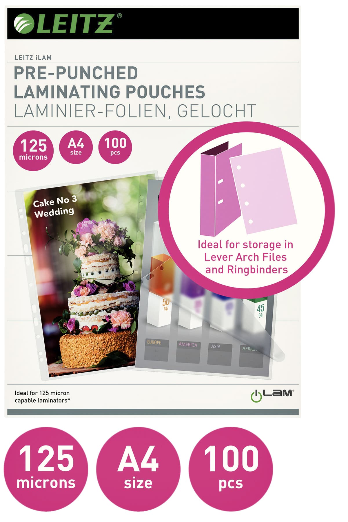 Lamineerhoes Leitz iLAM A4 met perforatieband 2x125micron EVA 100 stuks 2
