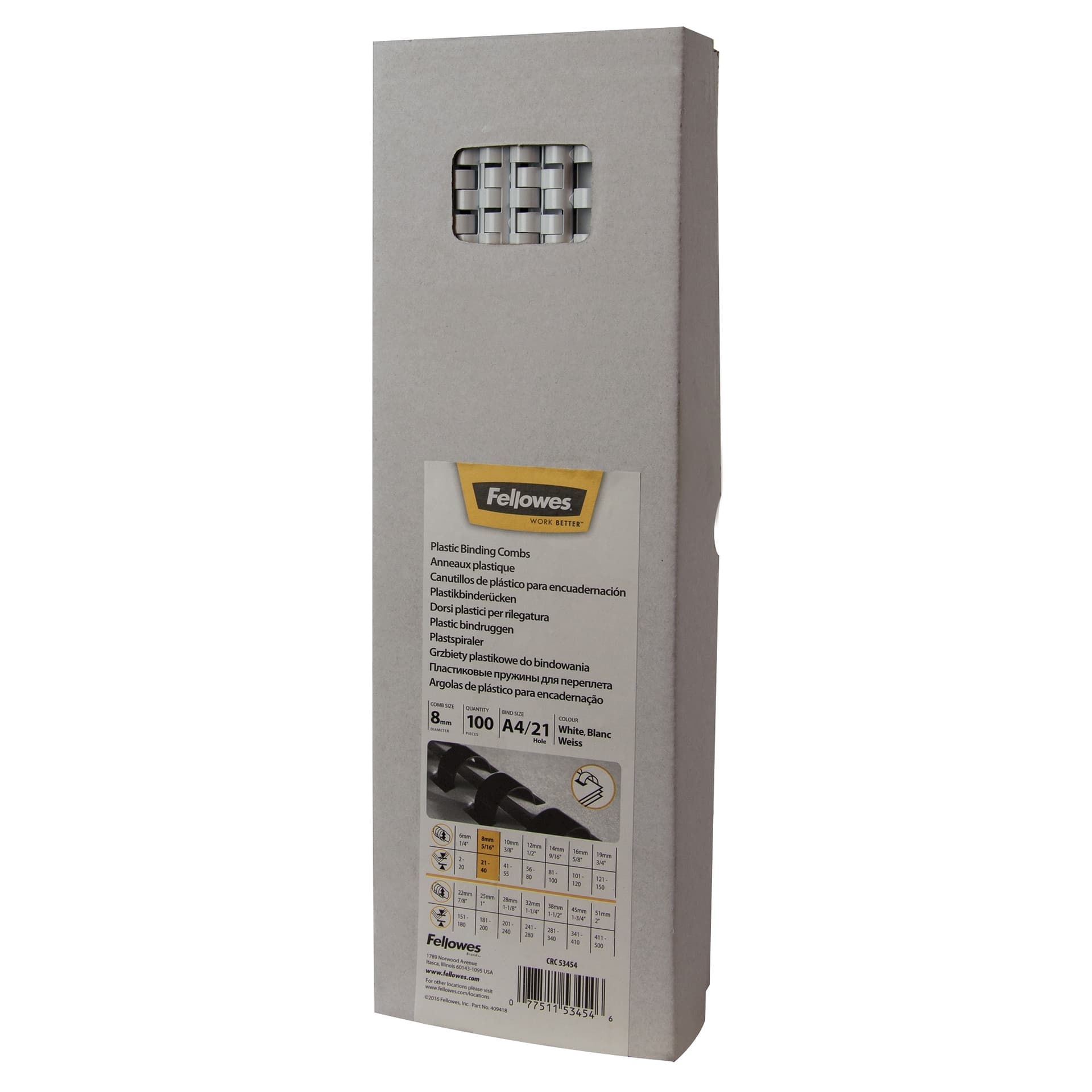 Bindrug Fellowes 8mm 21rings A4 wit 100 stuks