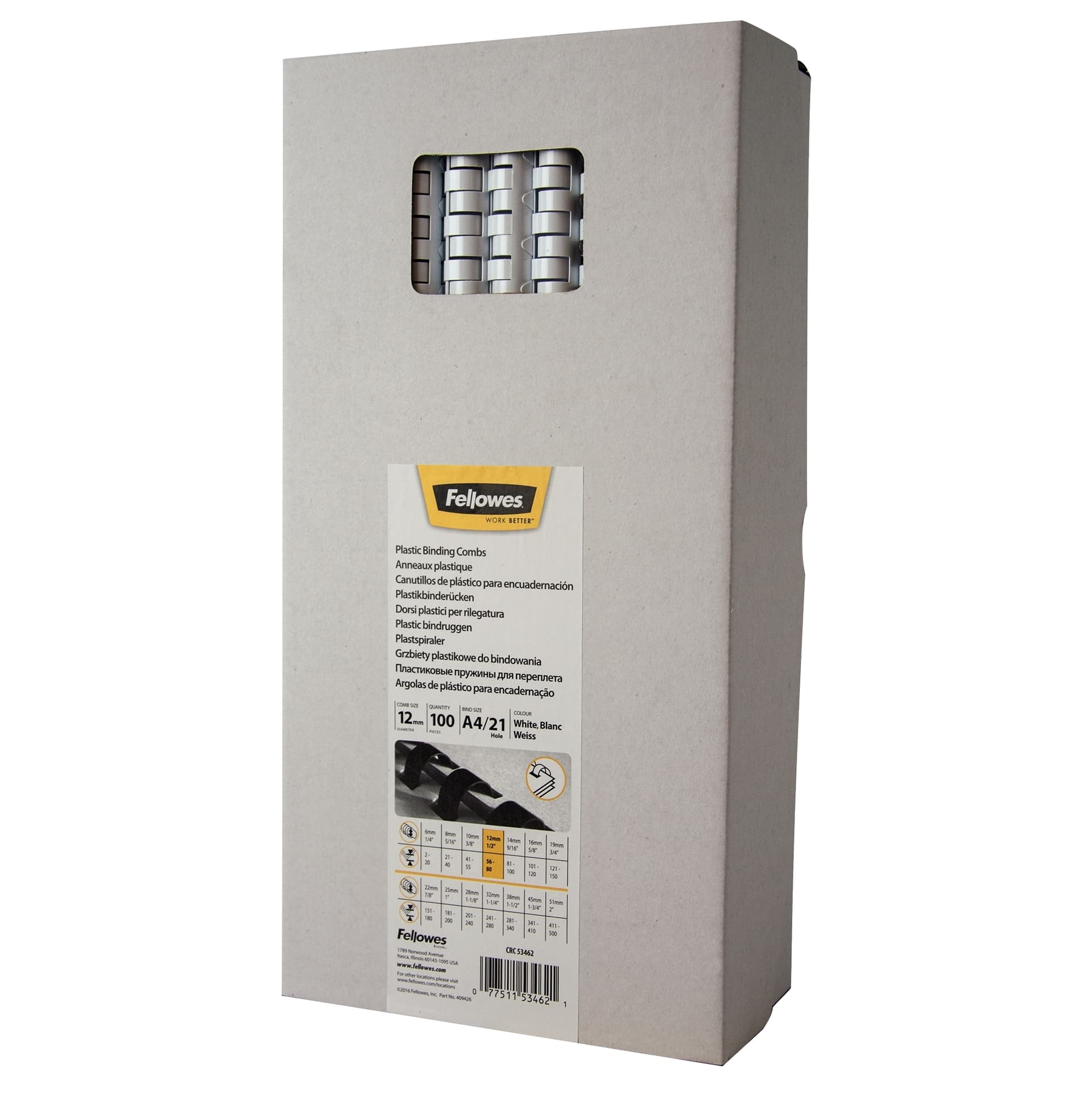 Bindrug Fellowes 12mm 21rings A4 wit 100 stuks