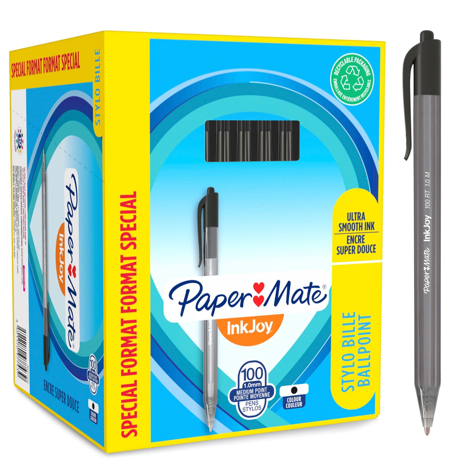 Balpen Paper Mate Inkjoy 100RT medium zwart valuepack 80+20 gratis 2