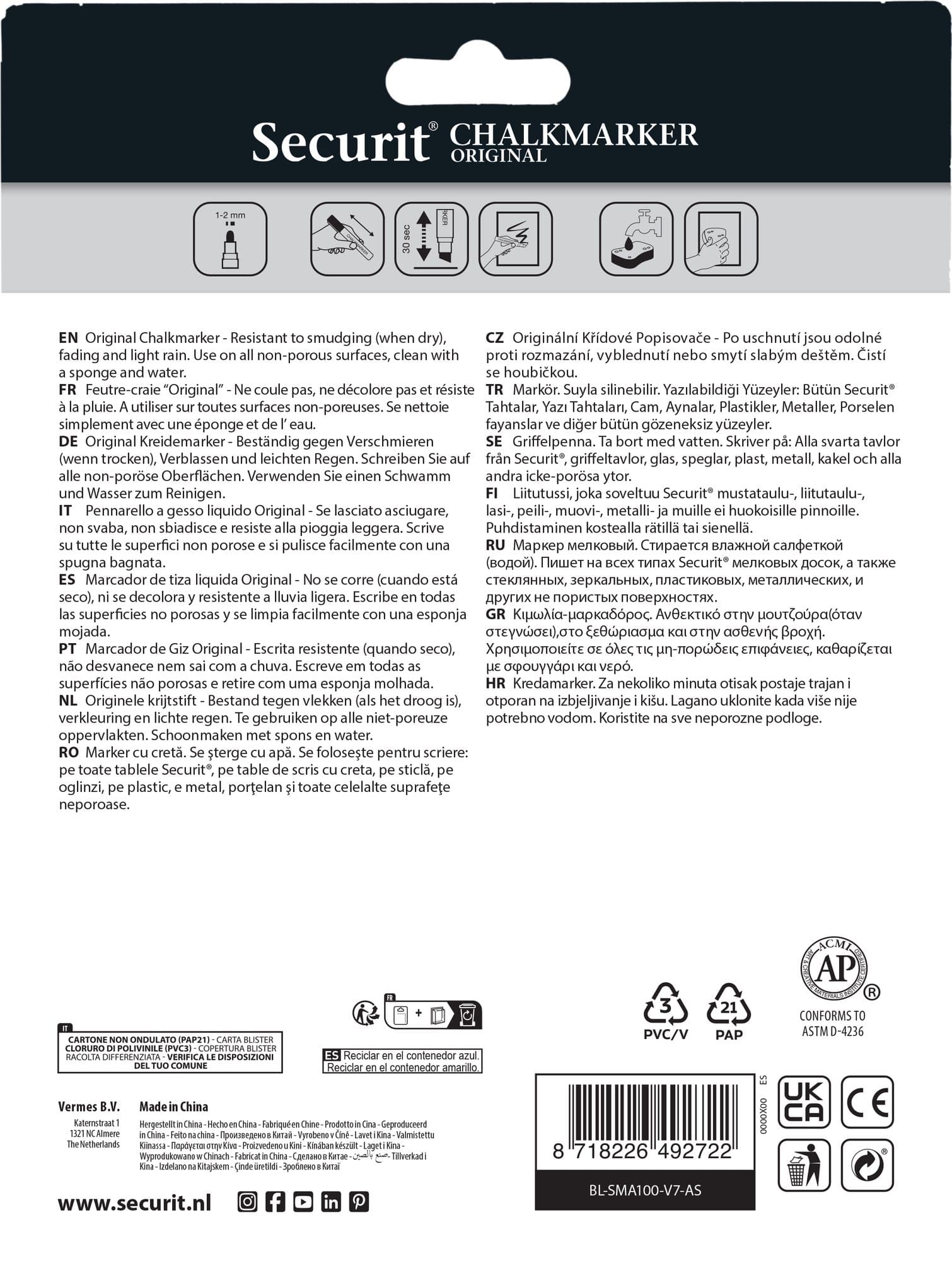 Krijtstift Securit SMA-100 rond ass 1-2mm blister à 7 stuks 8