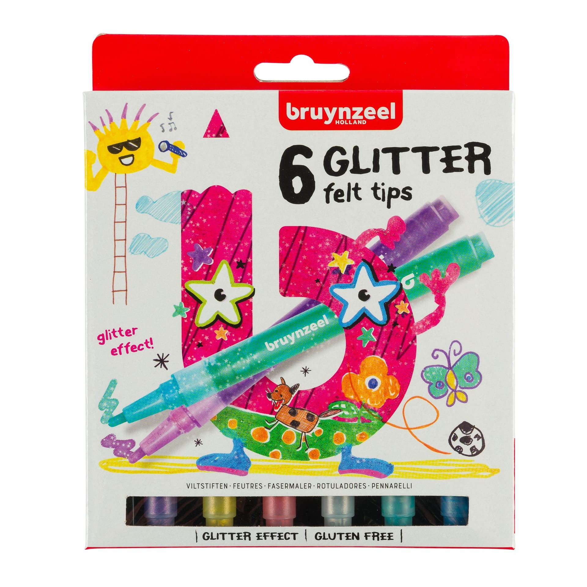Viltstift Bruynzeel Kids assorti glitter 6 stuks
